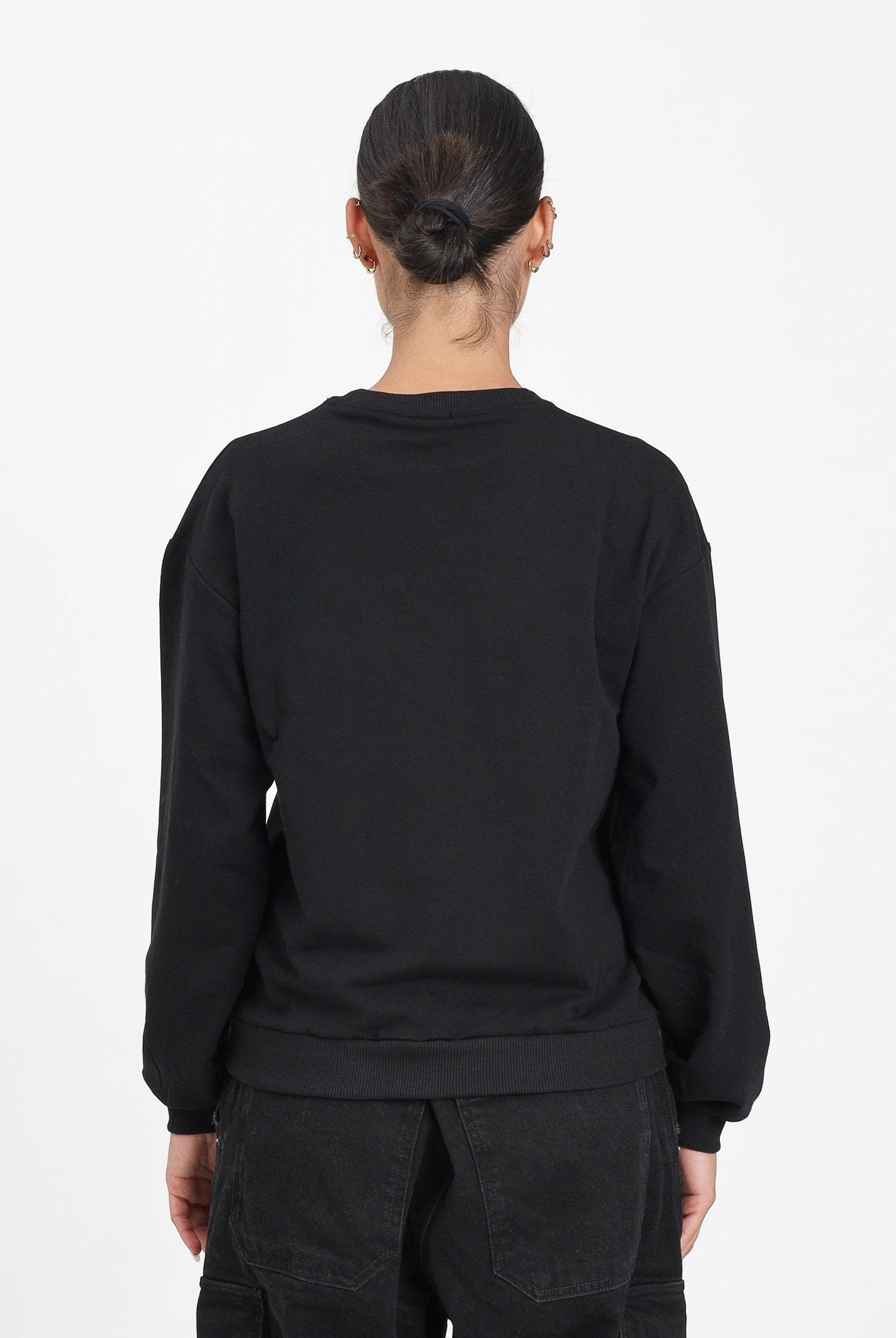 GCDS Felpa girocollo nera per donna e ragazze con stampa in strass B2JW1532BA5 99 GCDS