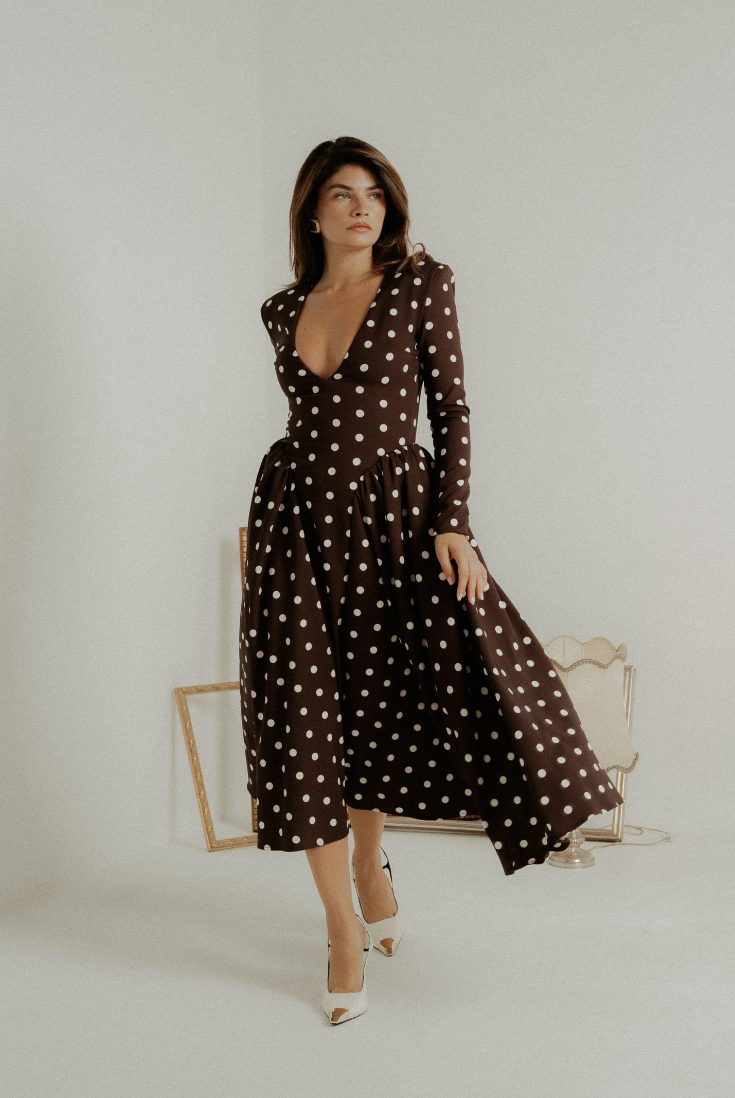 SANTAS Abito midi DOUCEUR marrone da donna con pois panna PV2603 POPA SANTAS