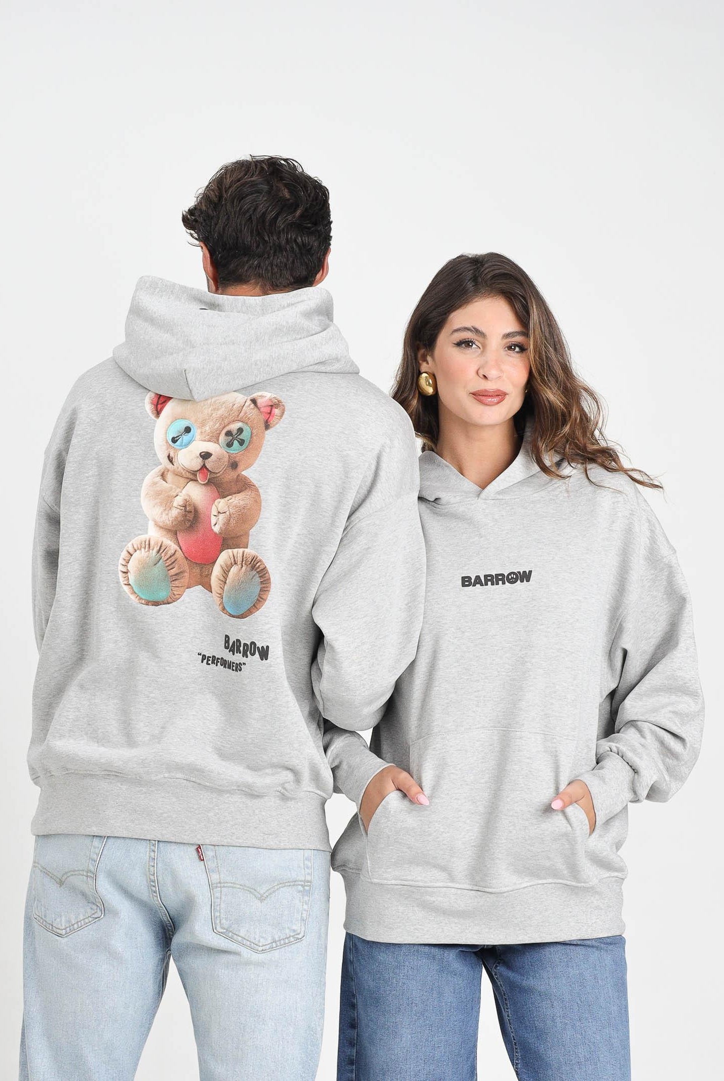 BARROW Felpa con cappuccio grigia per uomo e donna rifinita da stampa F5BWUAHS047 107 BARROW