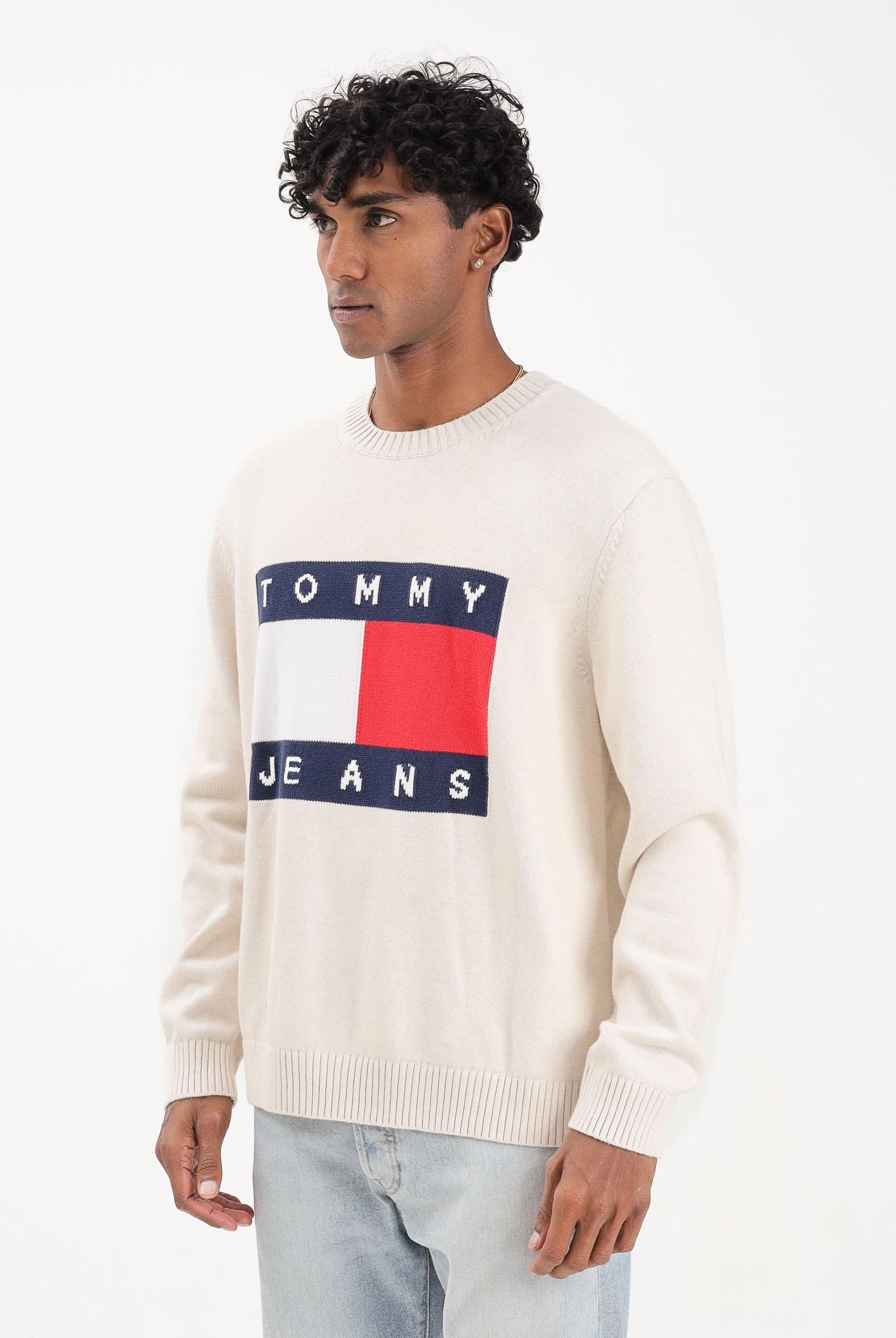 TOMMY JEANS Maglioncino girocollo panna da uomo con logo DM0DM22105AFN TOMMY JEANS