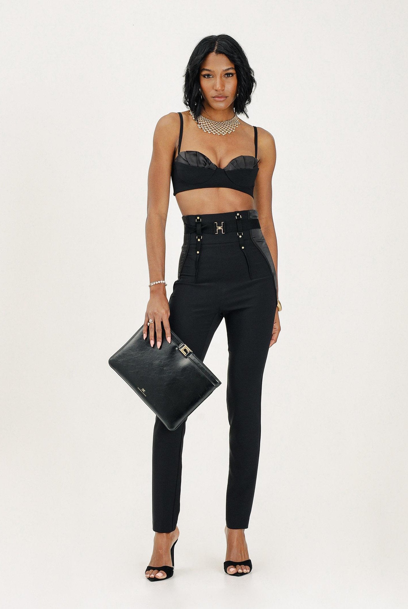 ELISABETTA FRANCHI Top nero da donna in crêpe leggero e raso RG01562E2 110 ELISABETTA FRANCHI