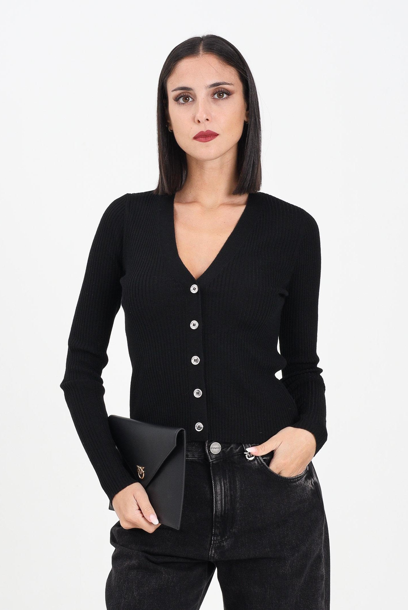 PINKO Cardigan a costine nero da donna con logo 105506A18M Z99 PINKO