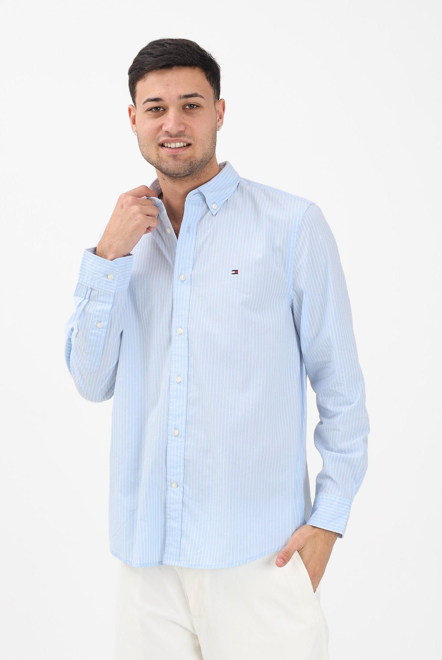 TOMMY HILFIGER Camicia a manica lunga TH Flex azzurra da uomo con motivo a righe MW0MW41399 0A4 TOMMY HILFIGER