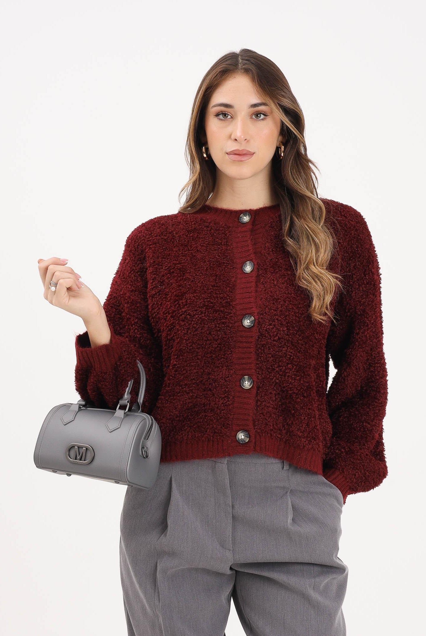 JDY Cardigan bordeaux da donna in maglia bouclé 15337012 Cabernet JDY
