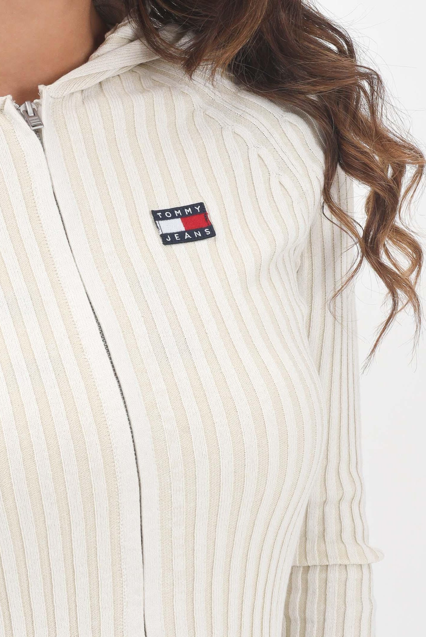 TOMMY JEANS Cardigan beige da donna con cappuccio e zip integrale DW0DW20974YBL TOMMY JEANS