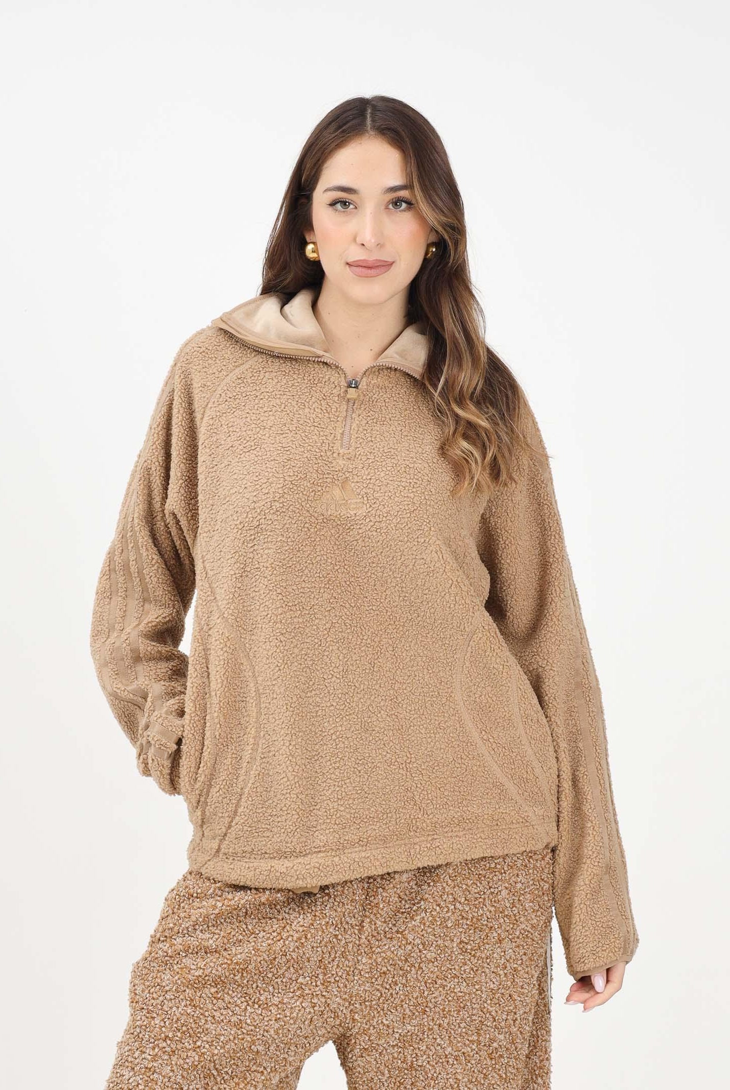 ADIDAS ORIGINALS Felpa mezza zip BORG FLEECE TEAMGEIST beige da donna KR5168 . ADIDAS ORIGINALS