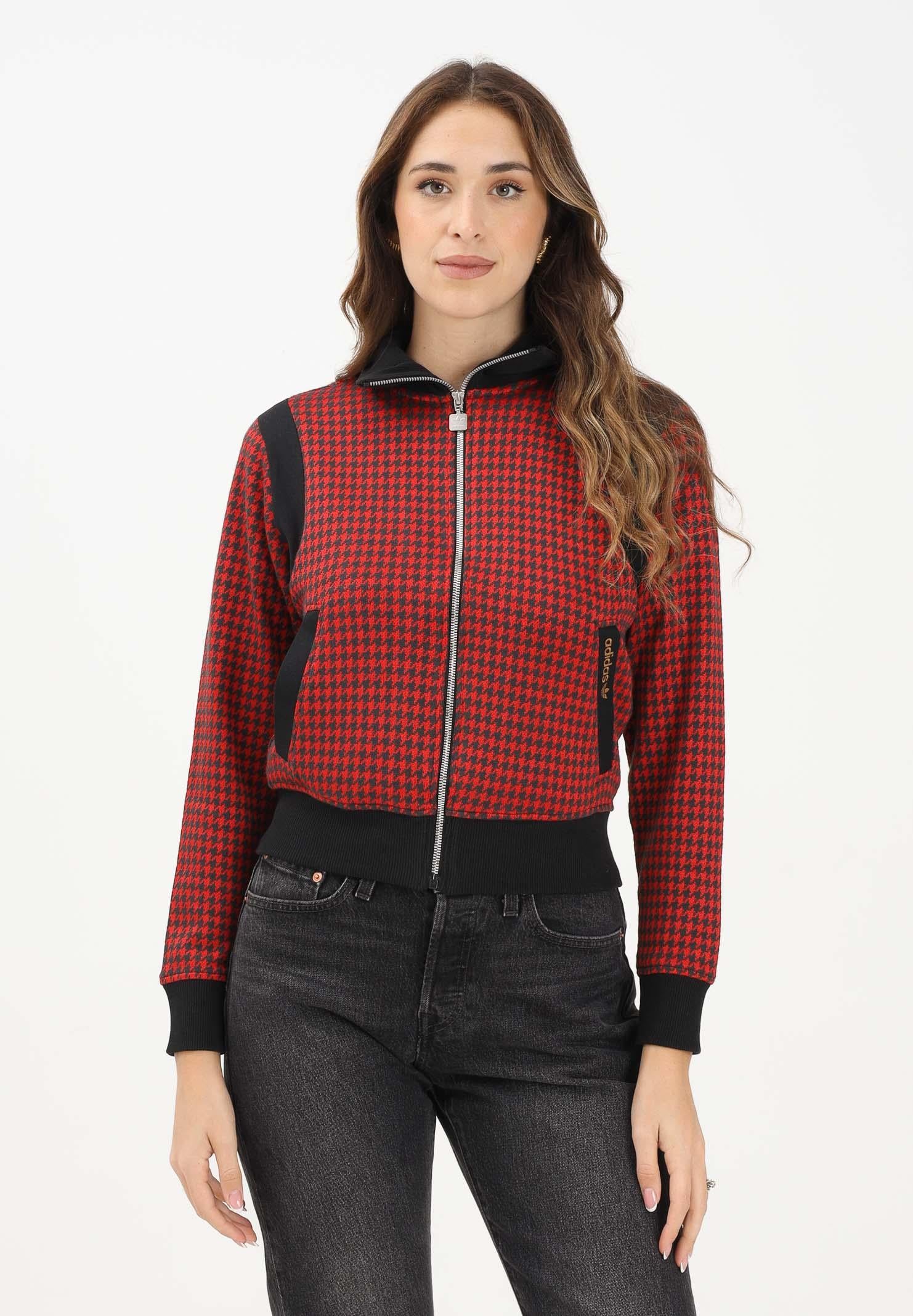 ADIDAS ORIGINALS Felpa con zip pied-de-poule rossa e nera da donna JY3461 . ADIDAS ORIGINALS