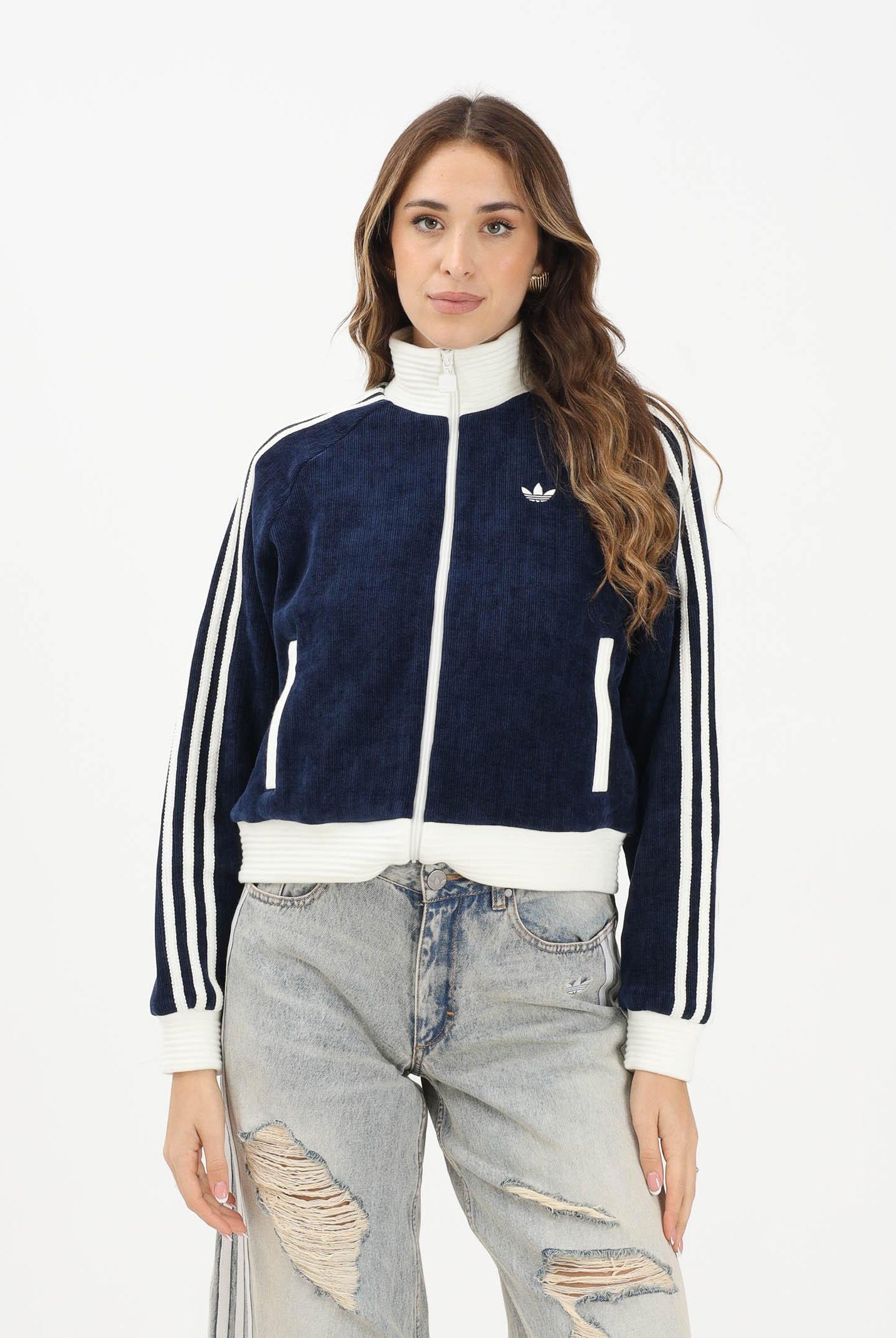 ADIDAS ORIGINALS Felpa con zip ADIDAS ORIGINALS VELOUR KNIT blu da donna KS7779 ADIDAS ORIGINALS