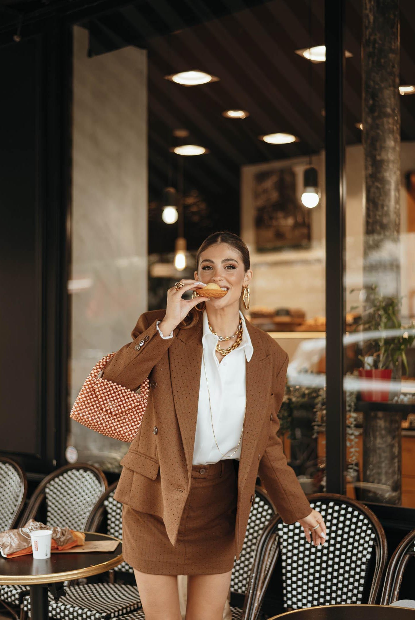 VICOLO Giacca doppiopetto cammello da donna con motivo gessato e strass TF0258 FFCU VICOLO