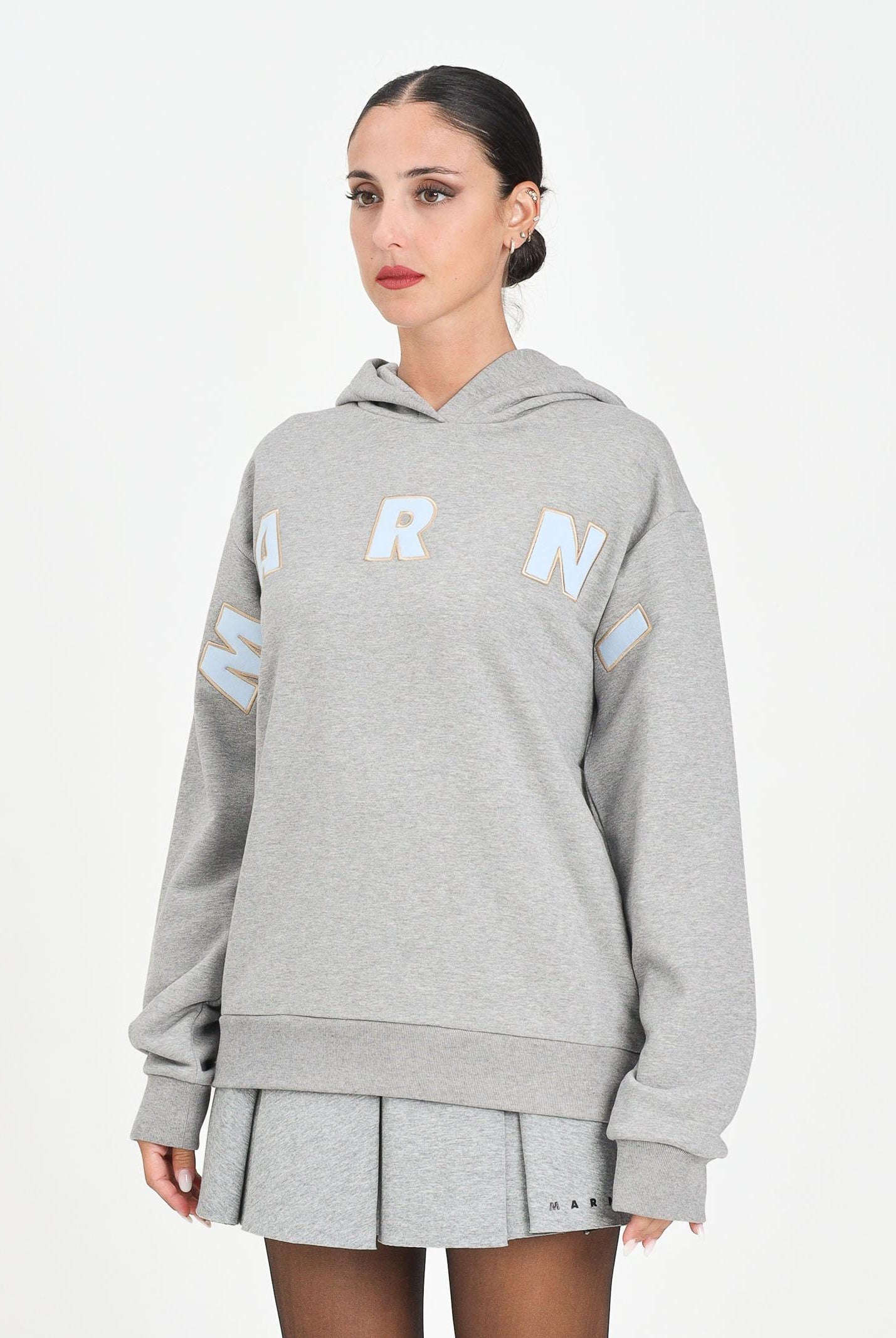 MARNI Felpa con cappuccio grigia per donna, ragazzi e bambini rifinita da logo Patch Marni ricamato M01266M00V0 0M923 MARNI