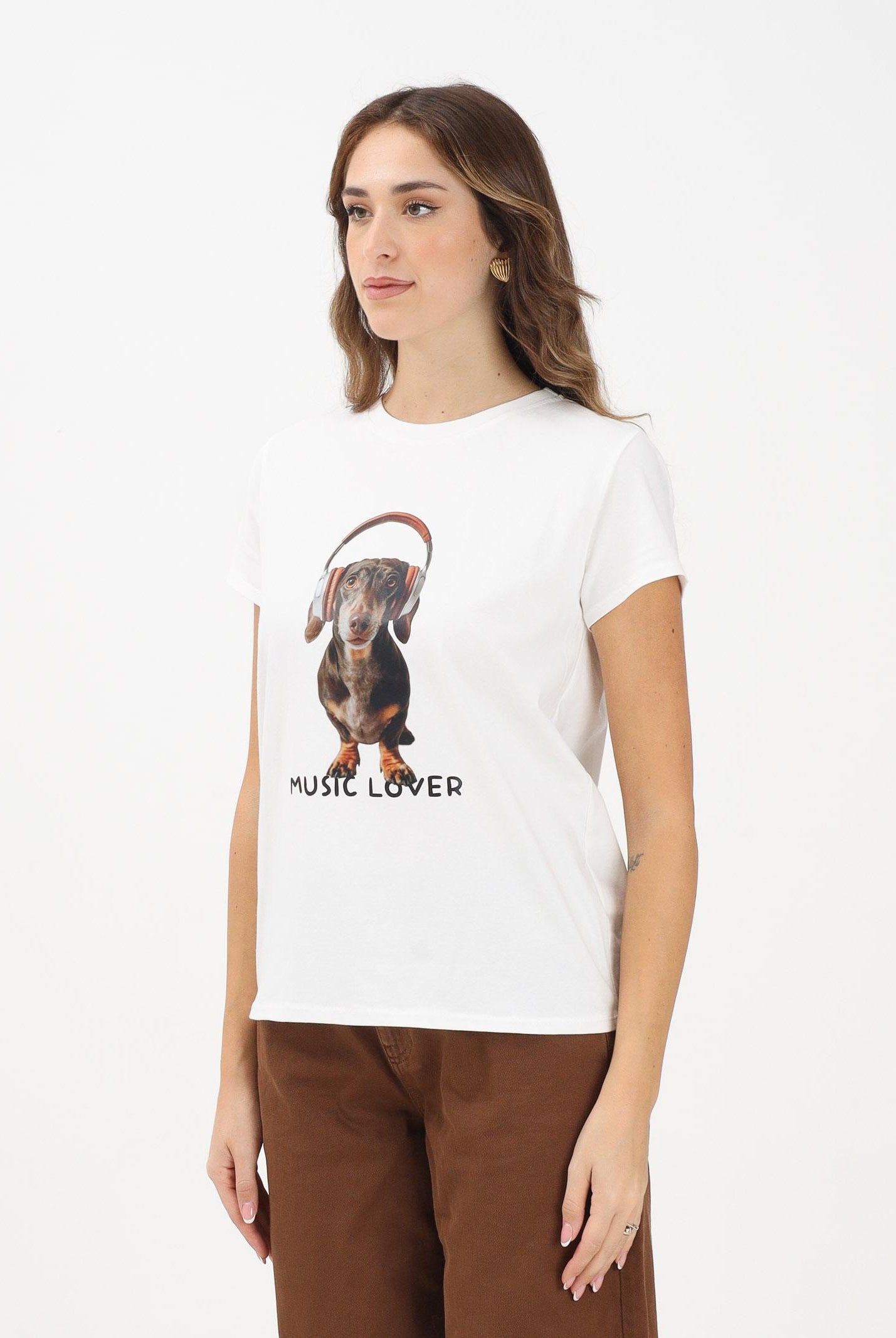 VICOLO T-shirt a manica corta bianca da donna con stampa bassotto RF0486 BI VICOLO