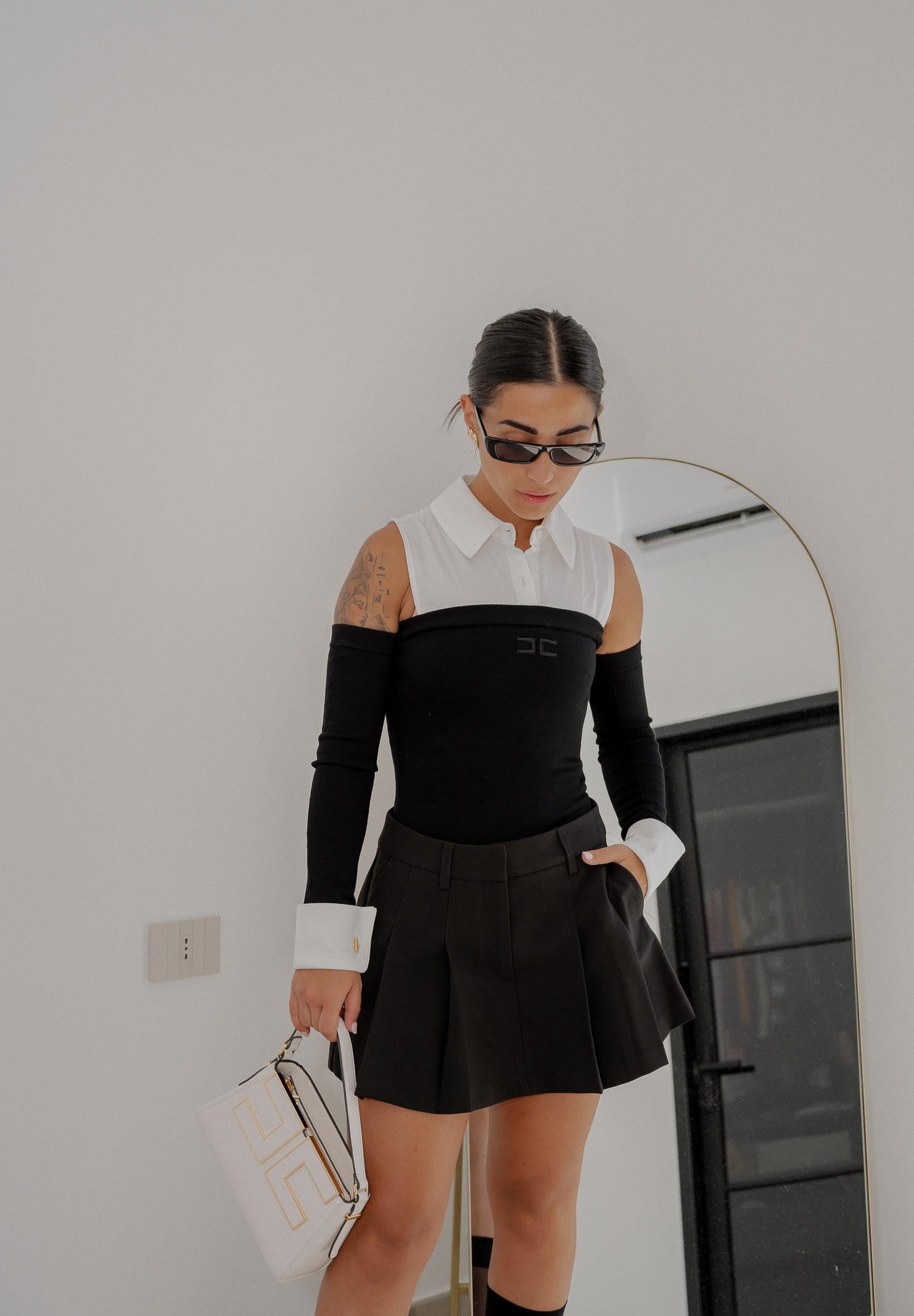 ELISABETTA FRANCHI Body manica lunga bianco e nero da donna con effetto camicia BK74T56E2 222 ELISABETTA FRANCHI