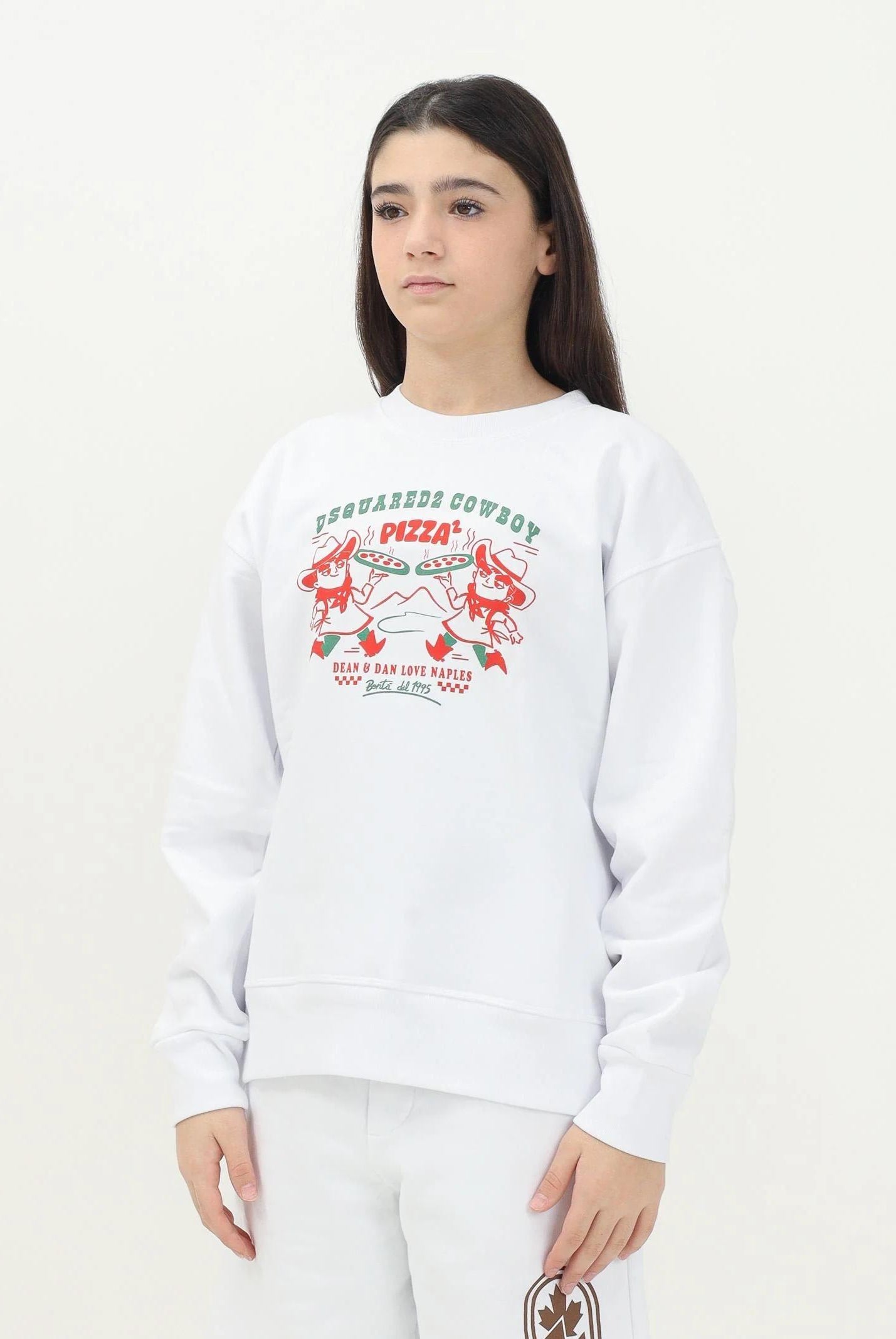 DSQUARED2 Felpa girocollo bianca per donna, ragazzi e bambini con grafica Cowboy Pizza DQ2977D0094 DQ100 DSQUARED2
