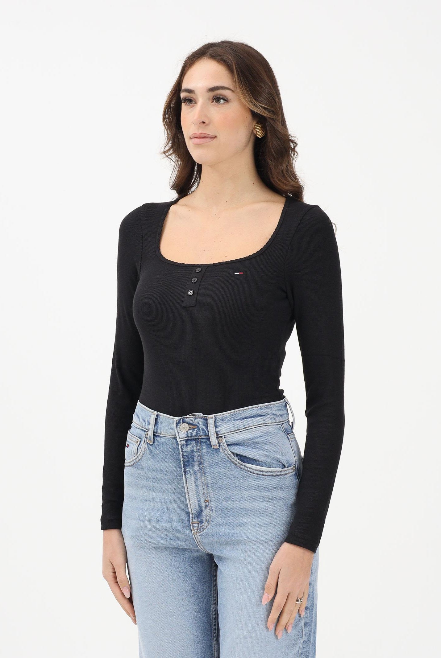 TOMMY JEANS Body a manica lunga nero da donna con logo DW0DW22533 BDS TOMMY JEANS