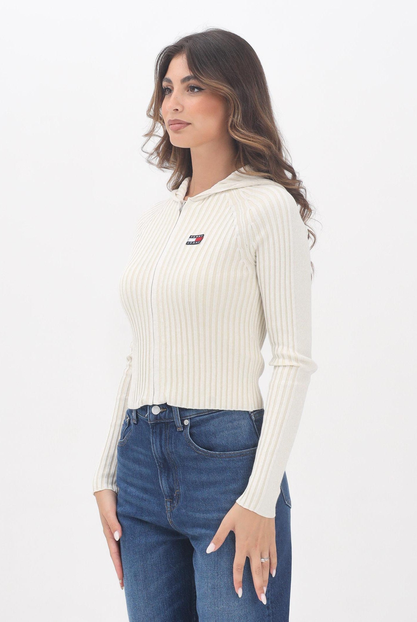 TOMMY JEANS Cardigan beige da donna con cappuccio e zip integrale DW0DW20974YBL TOMMY JEANS