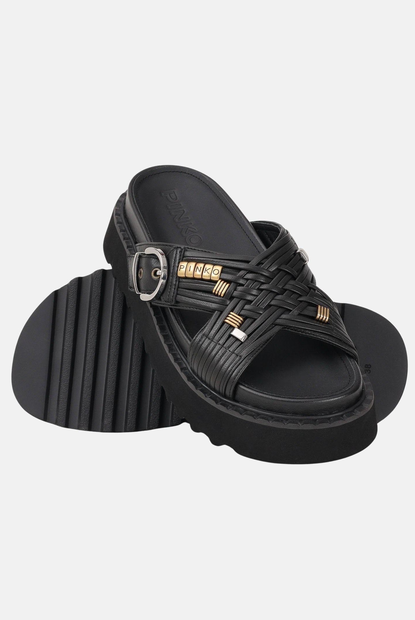 PINKO Ciabatte nere da donna in nappa intrecciata con anelli metallici SD0537P003Z99 Z99 PINKO