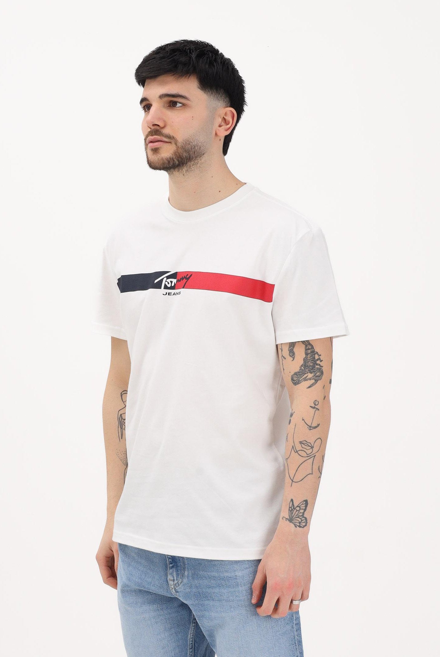TOMMY JEANS T-shirt a manica corta panna da uomo con banda logo frontale DM0DM22539 YBL TOMMY JEANS