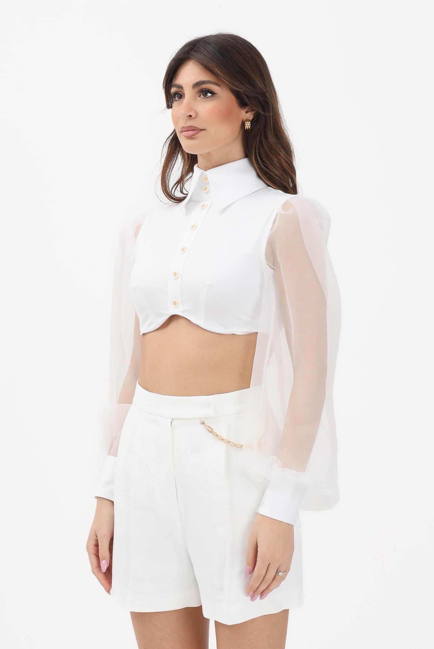 ELISABETTA FRANCHI Camicia crop bianca da donna con maniche dai volumi balloon CA14461E2 100 ELISABETTA FRANCHI
