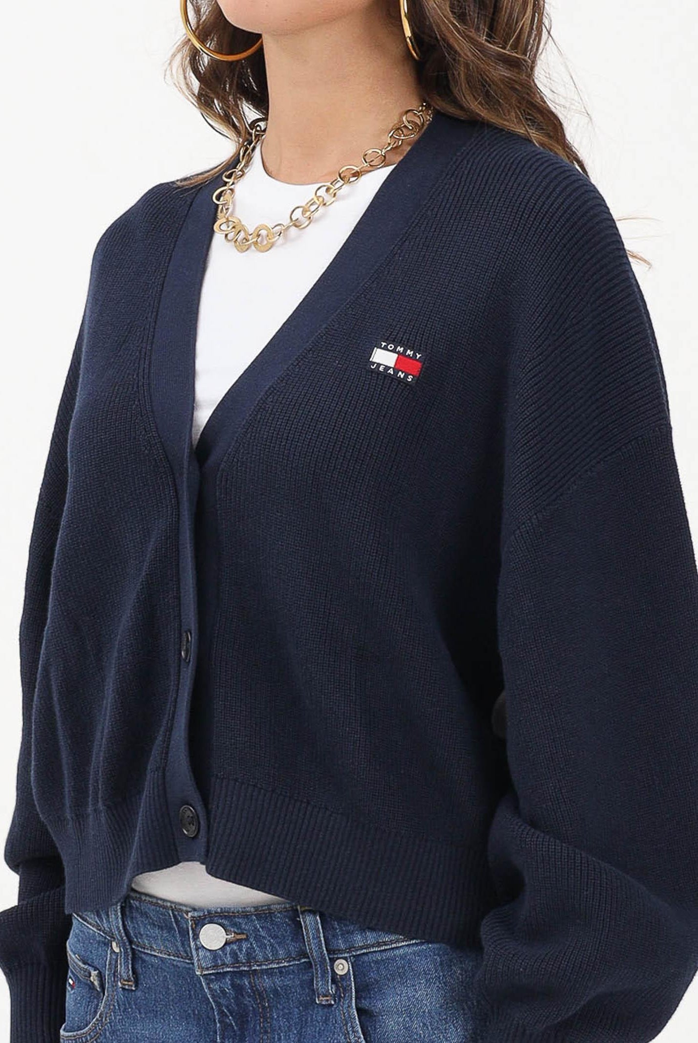 TOMMY JEANS Cardigan blu da donna con ricamo bandiera sul retro DW0DW18335C1G TOMMY JEANS