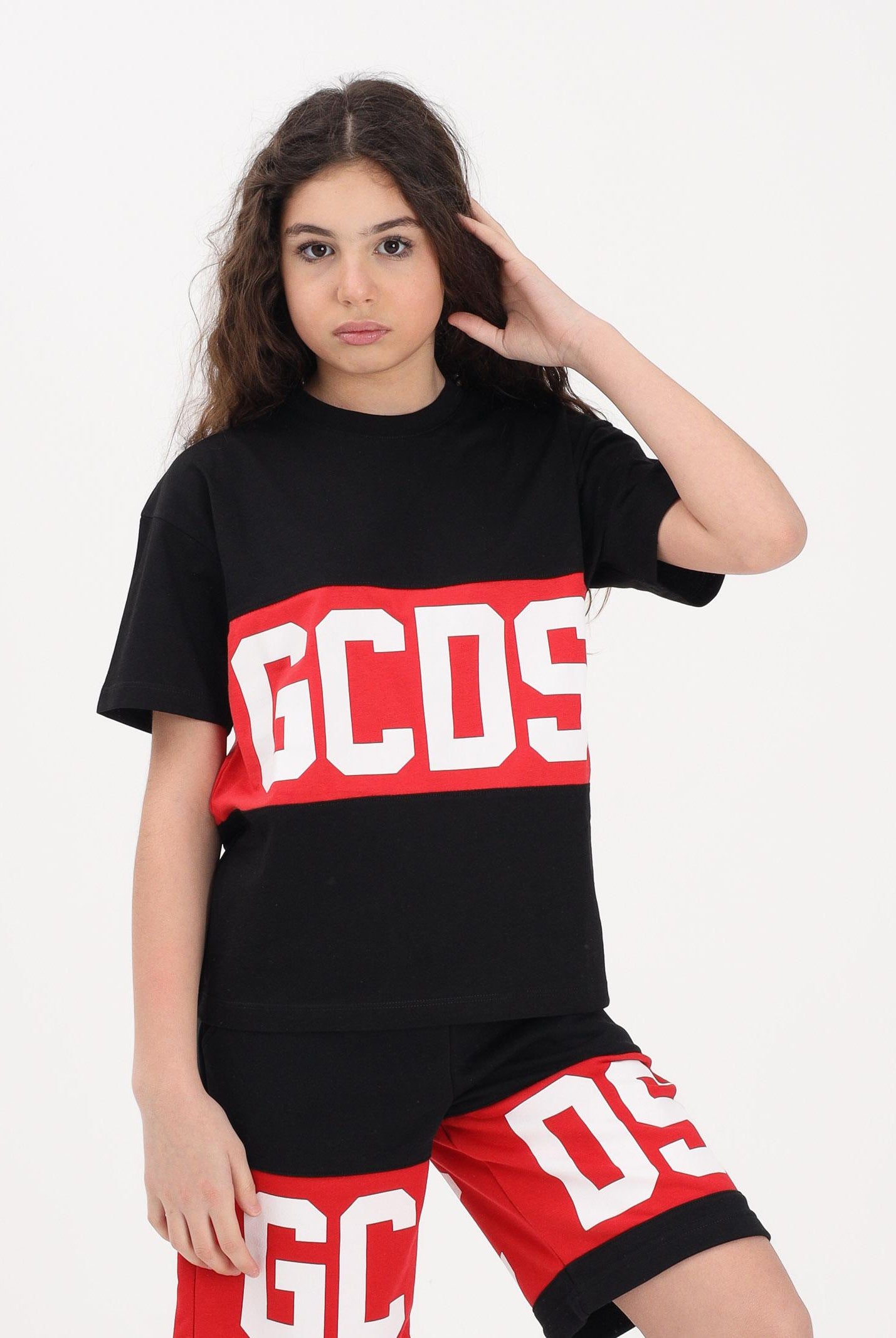 GCDS T-shirt a manica corta nera per donna, ragazzi e bambini con stampa logo Z0UJQC585J105 999R GCDS