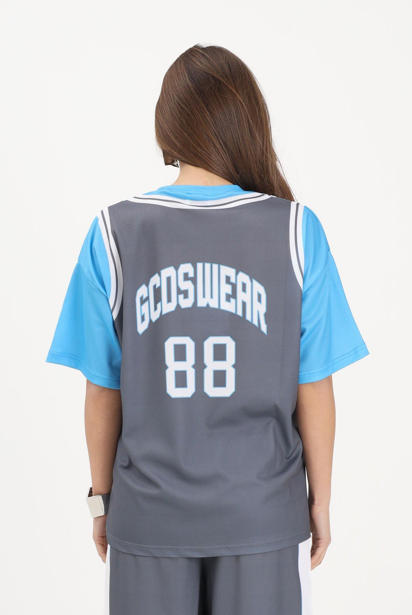 GCDS T-shirt a manica corta grigia e azzurra per donna, ragazzi e bambini con stampa C1BJQC706J338 955E GCDS