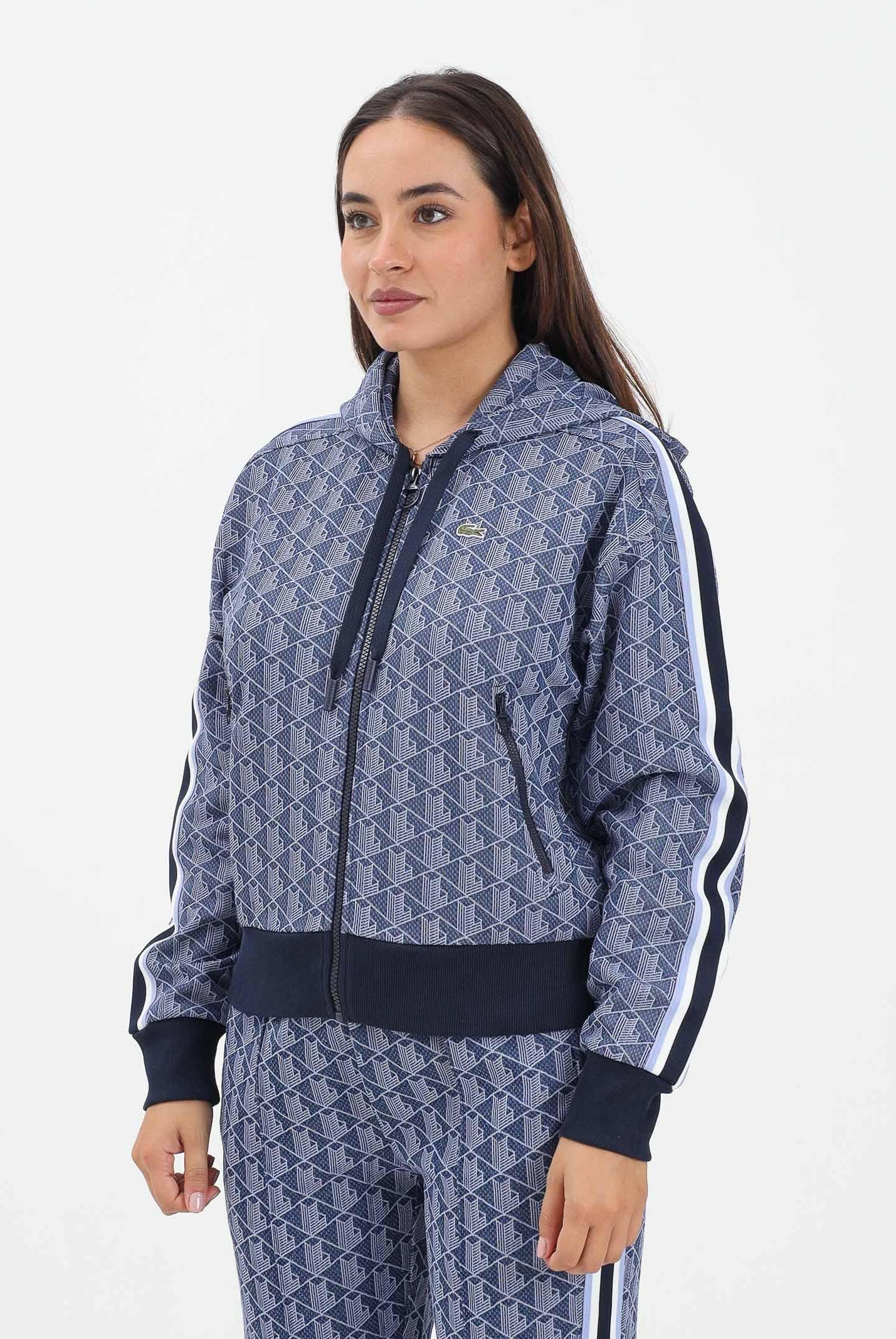 LACOSTE Felpa con zip blu da donna in jacquard con monogramma SF7606 AIT LACOSTE