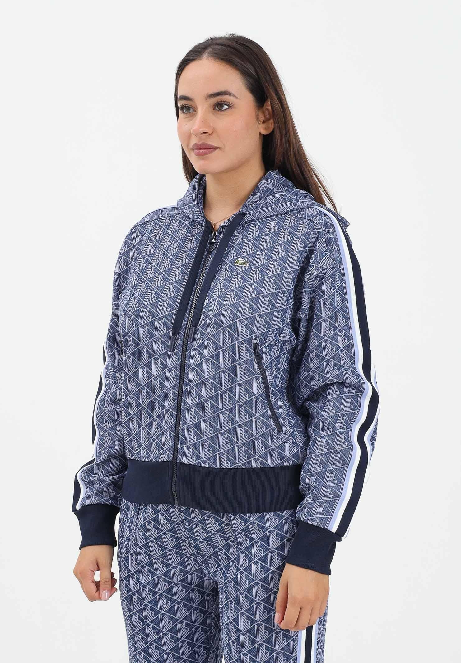 LACOSTE Felpa con zip blu da donna in jacquard con monogramma SF7606 AIT LACOSTE