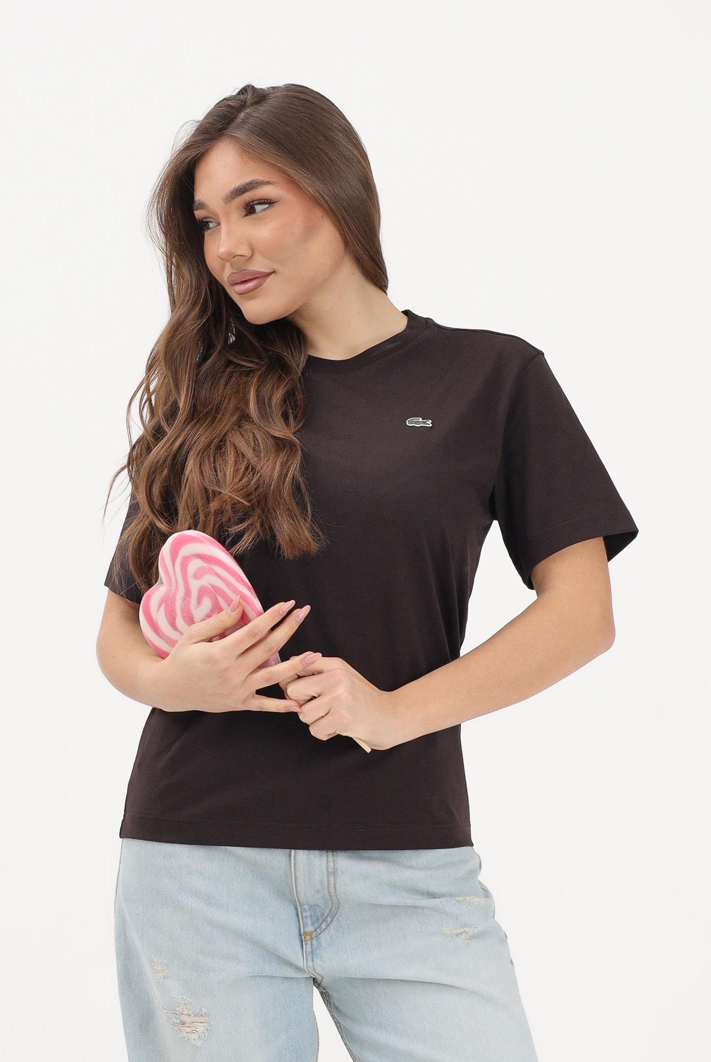 LACOSTE T-shirt a manica corta marrone da donna con patch logo TF7215 3LA LACOSTE
