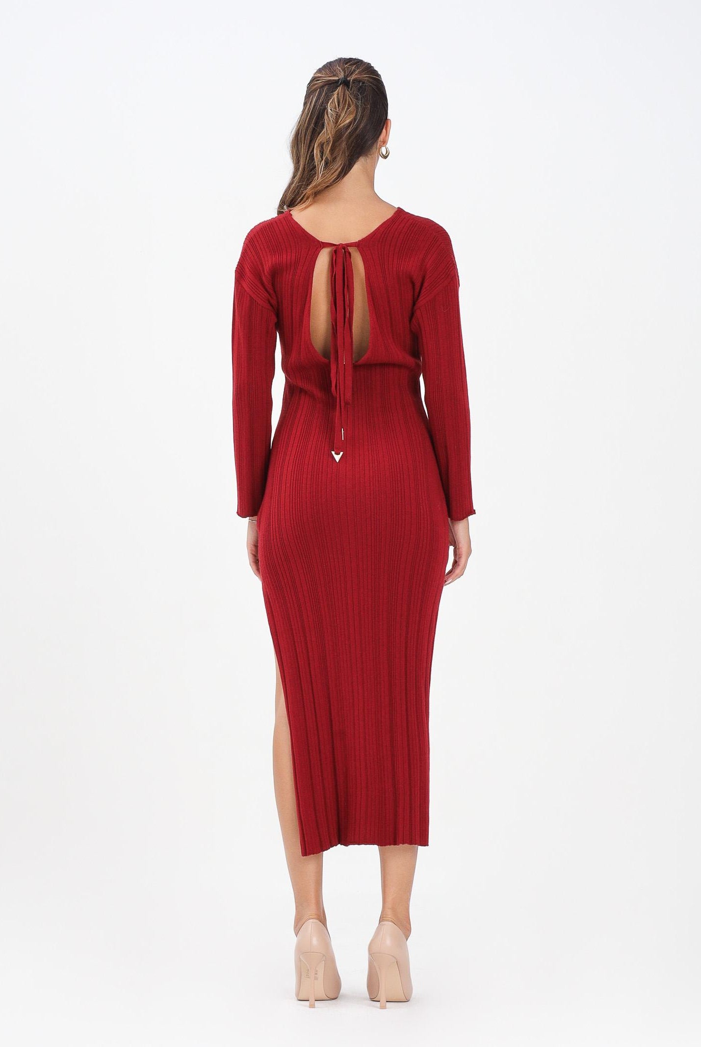 AKEP Abito midi rosso da donna con scollo sul retro VSKD11004 V5 AKEP