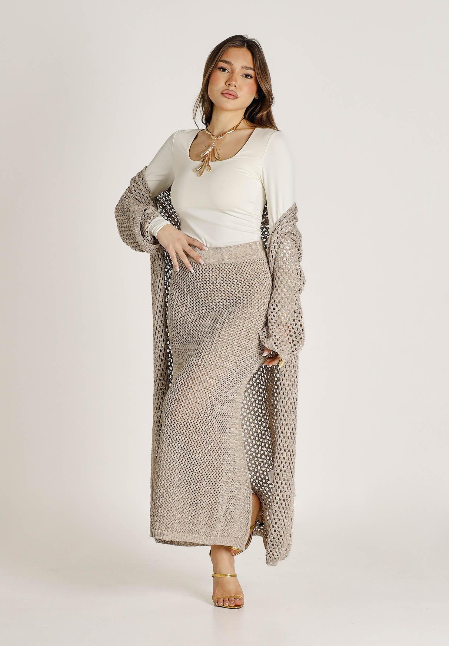 AKEP Cardigan lungo beige da donna in maglia traforata con cintura MGKD13036 V3 AKEP