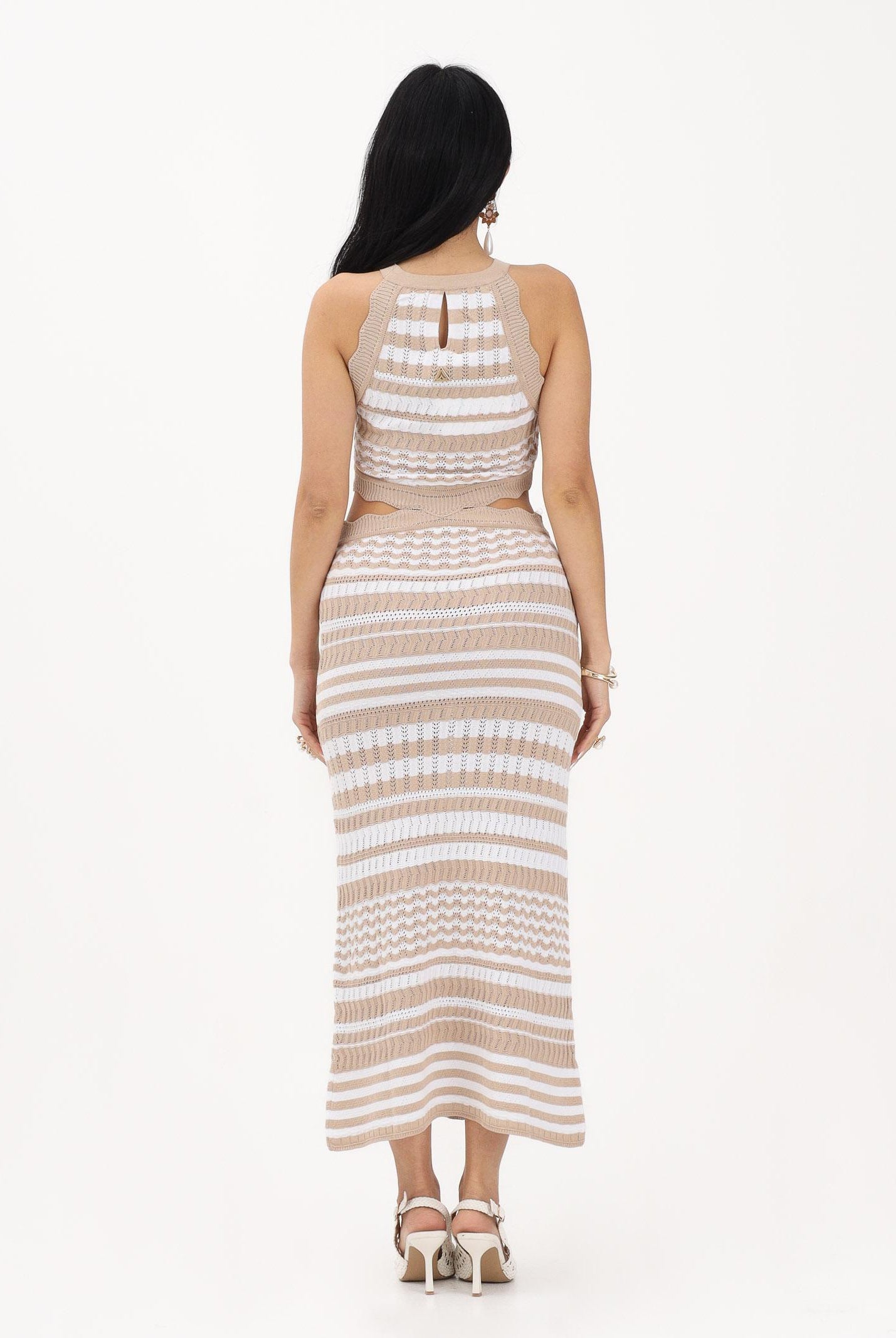 AKEP Abito lungo a righe bianco e beige da donna VSKD13206 V3 AKEP