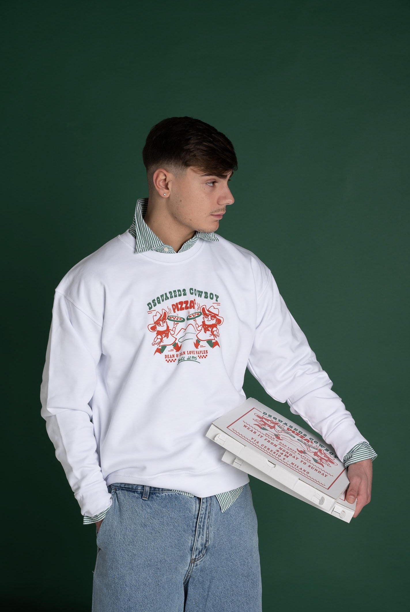 DSQUARED2 Felpa girocollo bianca per donna, ragazzi e bambini con grafica Cowboy Pizza DQ2977D0094 DQ100 DSQUARED2