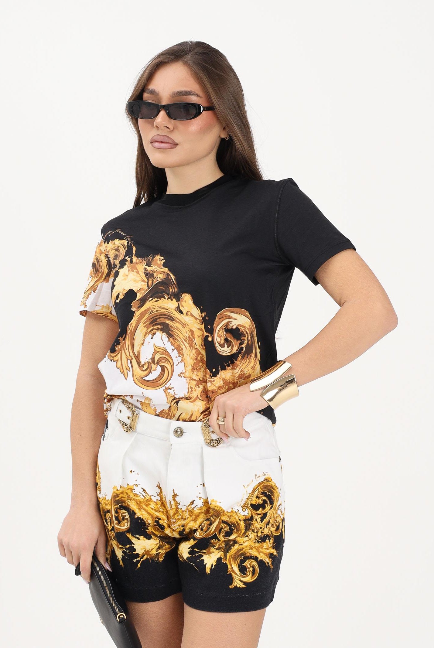 VERSACE JEANS COUTURE T-shirt a manica corta nera e bianca da donna con stampa Wave Couture 80HAH6P3JS542 GL1 VERSACE JEANS COUTURE