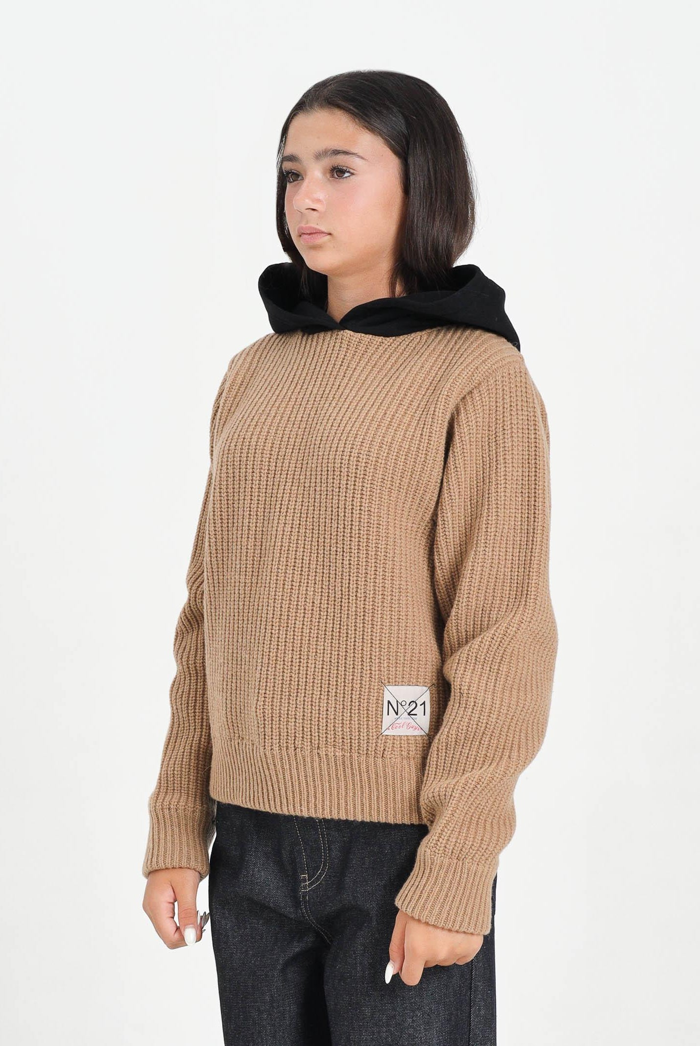 N21 Maglione con cappuccio color cammello e nero per donna, ragazzi e bambini N2108LN0453 0N720 N21