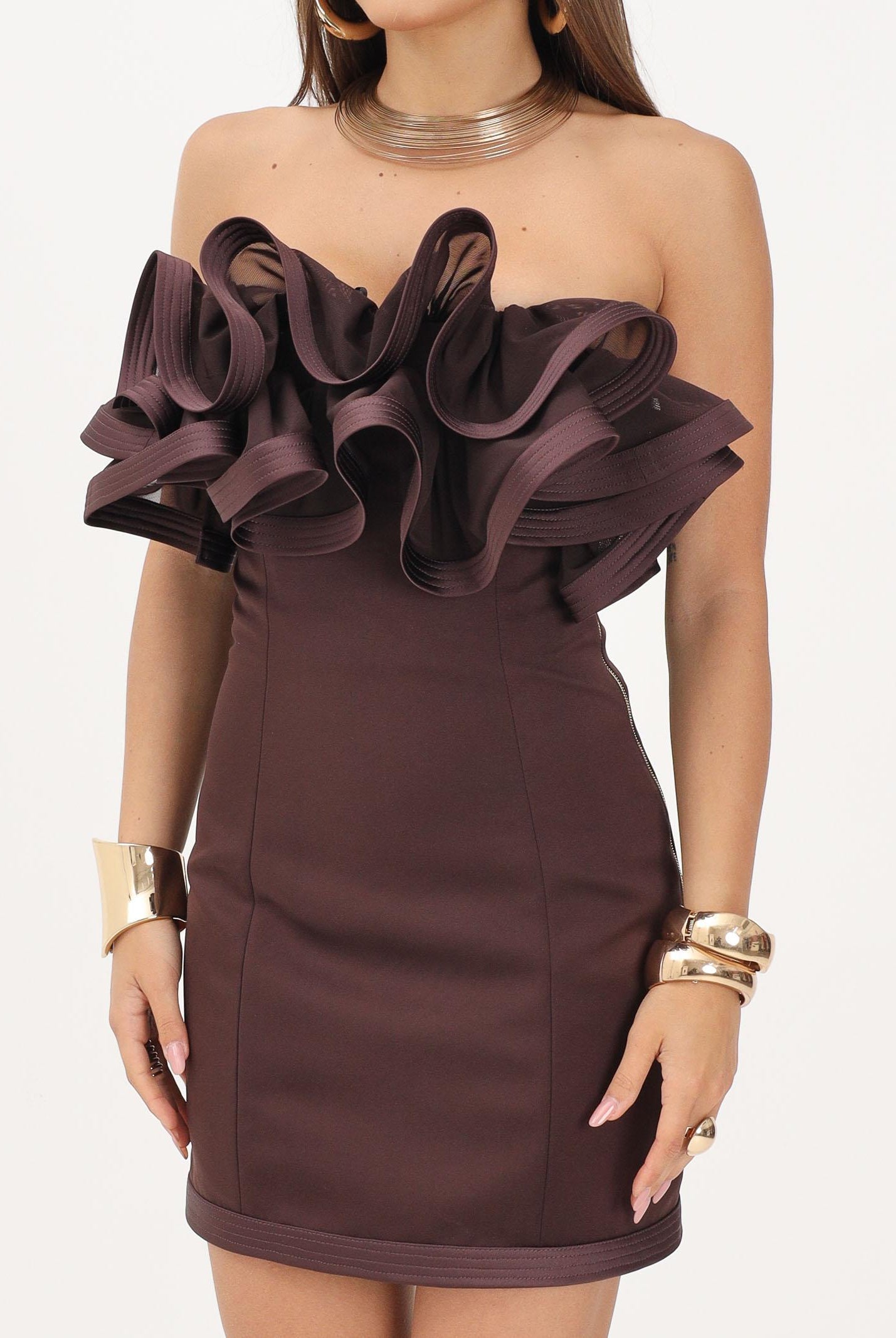 ELISABETTA FRANCHI Abito corto cacao marrone da donna con maxi ruche AB87962E2 644 ELISABETTA FRANCHI