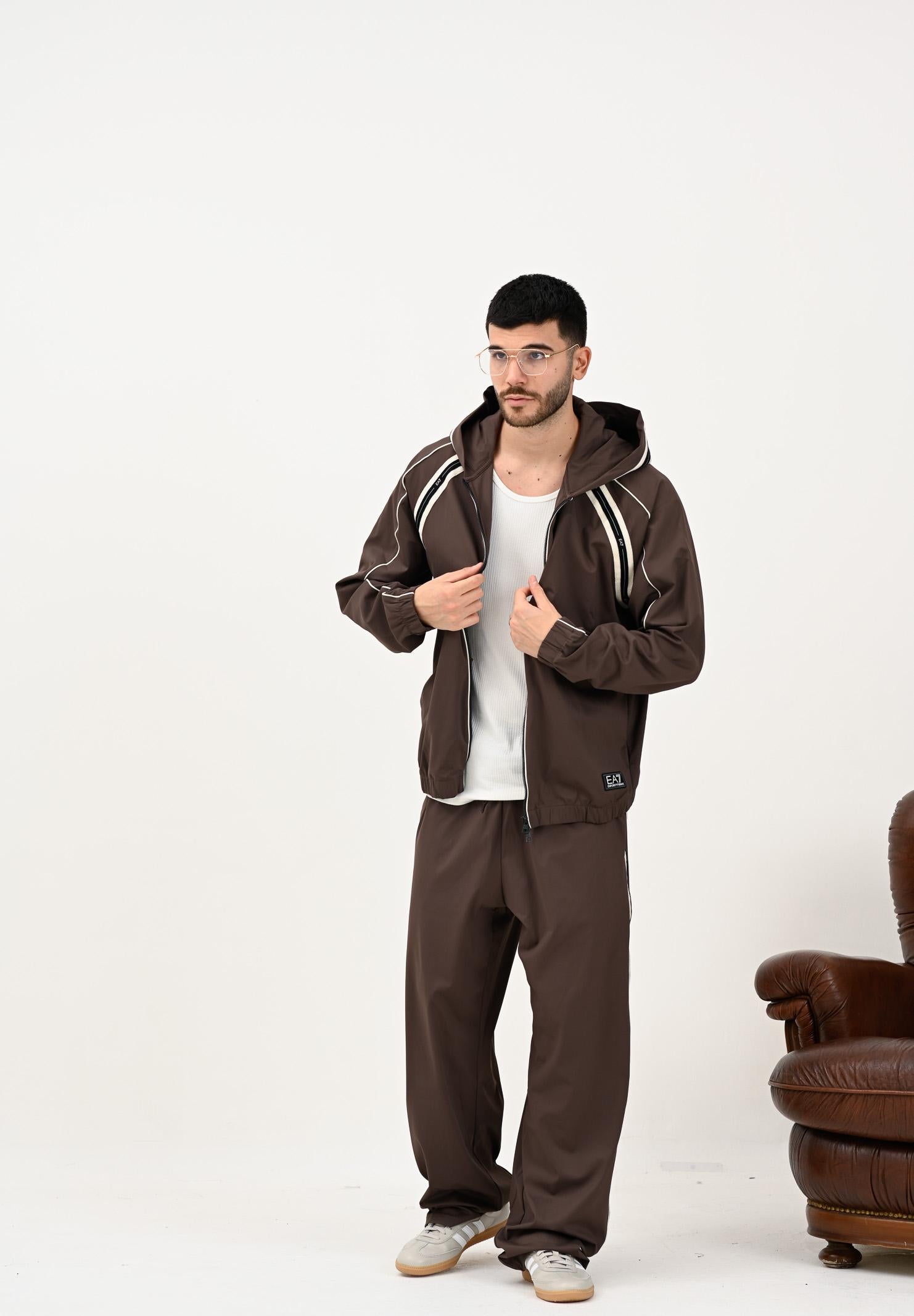 EA7 Felpa con zip marrone da uomo arricchita da bande con dettagli logo 7M000958AF17160 U6063 EA7