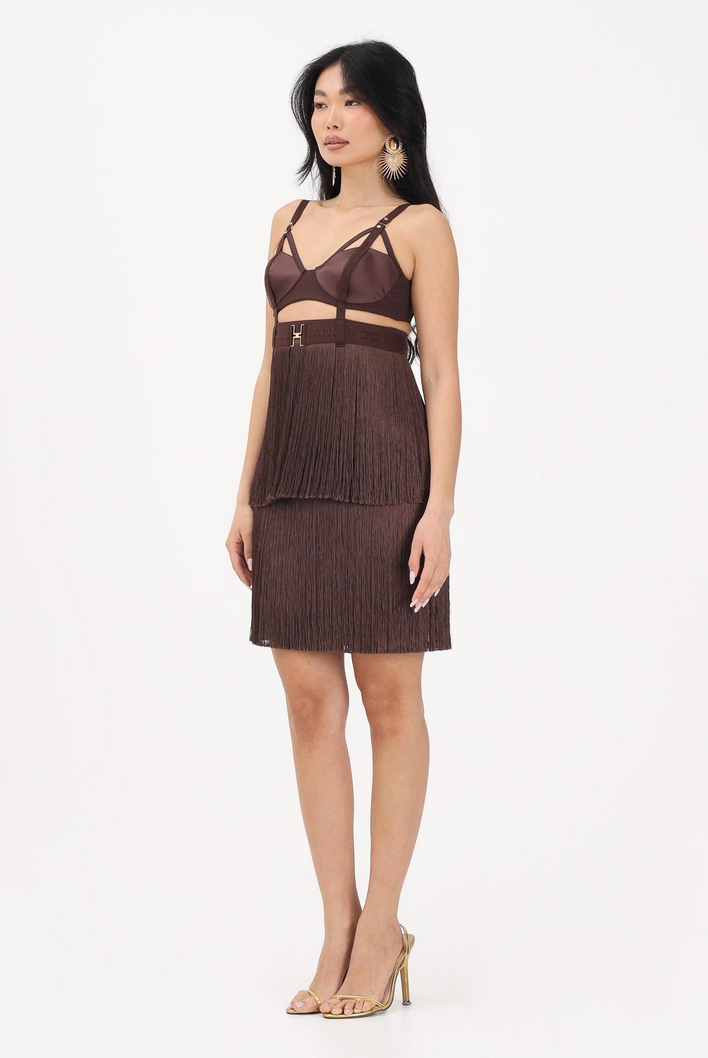 ELISABETTA FRANCHI Abito corto cacao da donna con frange AB96662E2 644 ELISABETTA FRANCHI