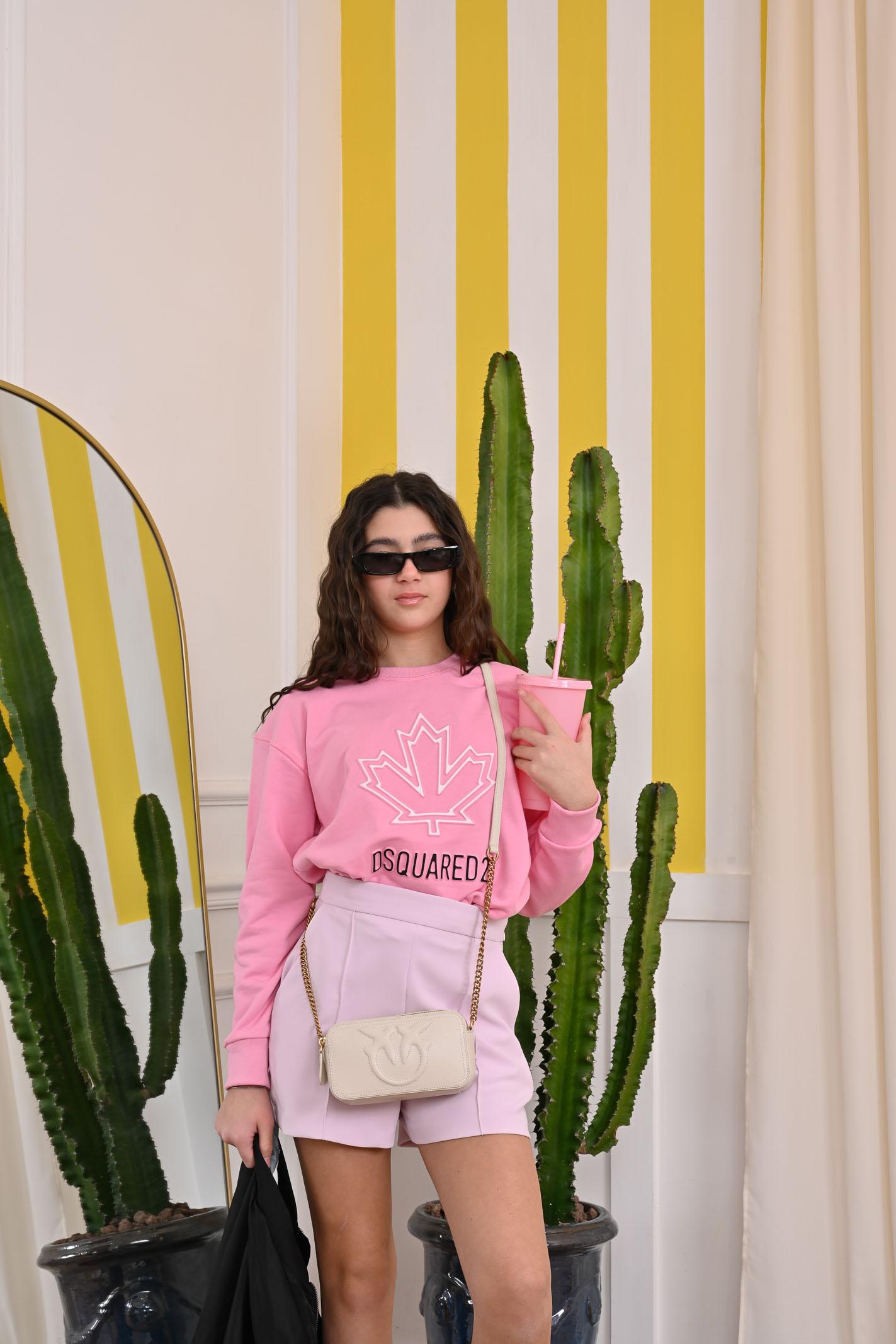 DSQUARED2 Felpa girocollo rosa per donna e bambina con foglia d'acero e logo DQ2786D0A9U DQ321 DSQUARED2