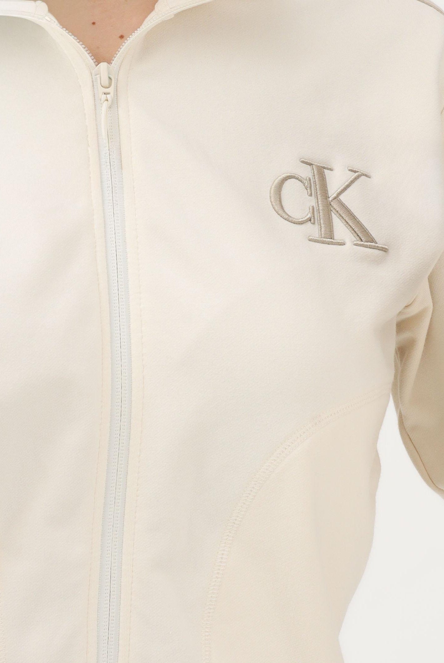 CALVIN KLEIN JEANS Felpa con zip beige da donna rifinita da logo e bande a contrasto LV047E226GYAC . CALVIN KLEIN JEANS