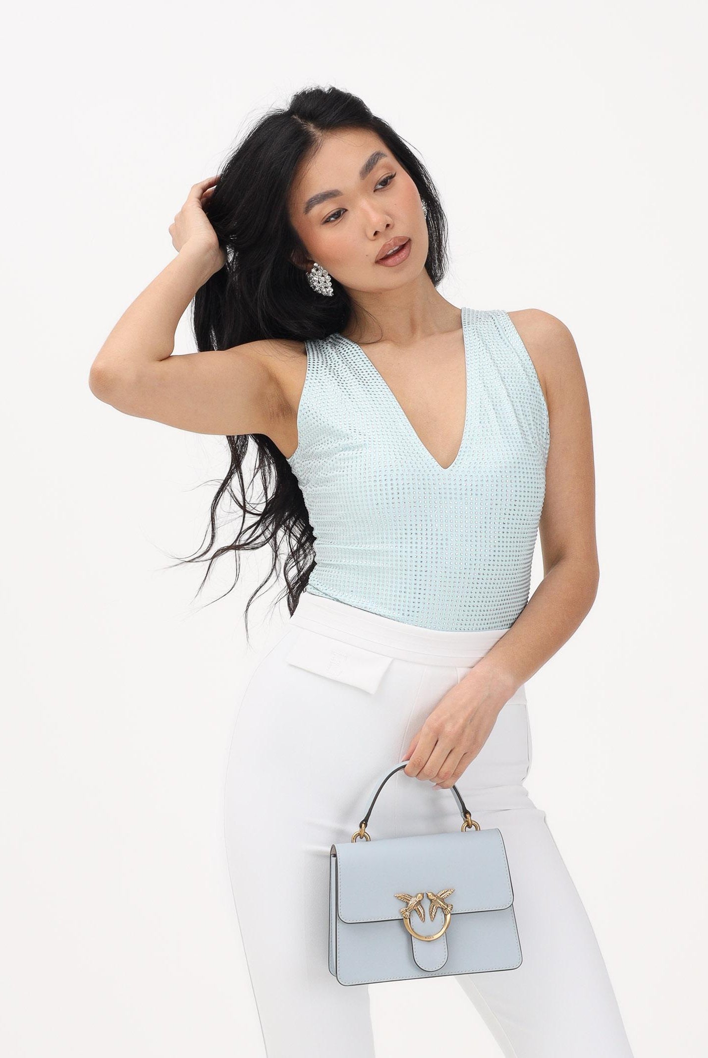 TWENTY FOURHAITCH Body smanicato turchese da donna con scollo a V e strass<BR/> A0072POL62P AR TWENTY FOURHAITCH