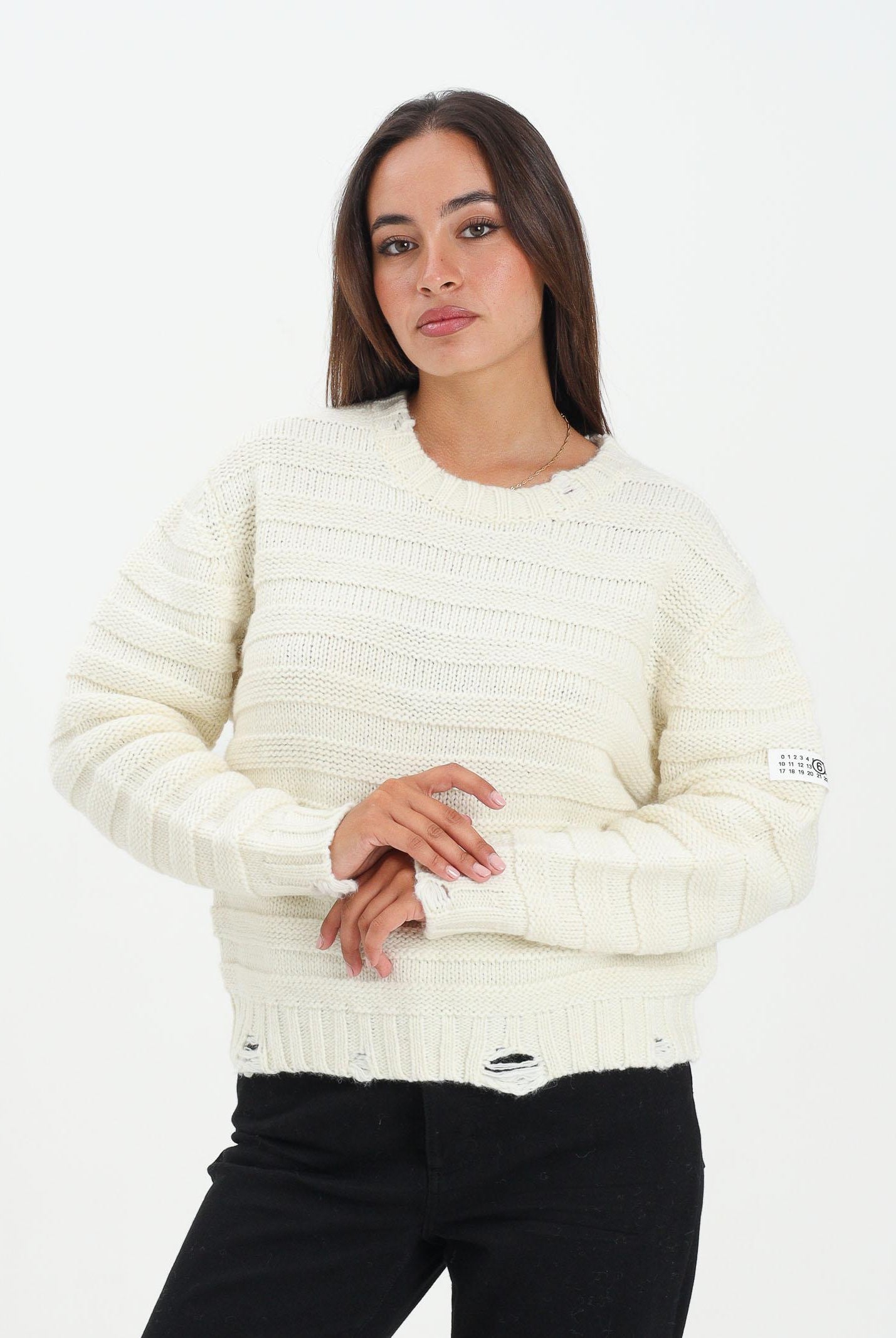 MAISON MARGIELA Maglioncino girocollo panna per donna, ragazzi e bambini in misto lana a coste con rotture<BR/> M60880MM06P M6101 MAISON MARGIELA