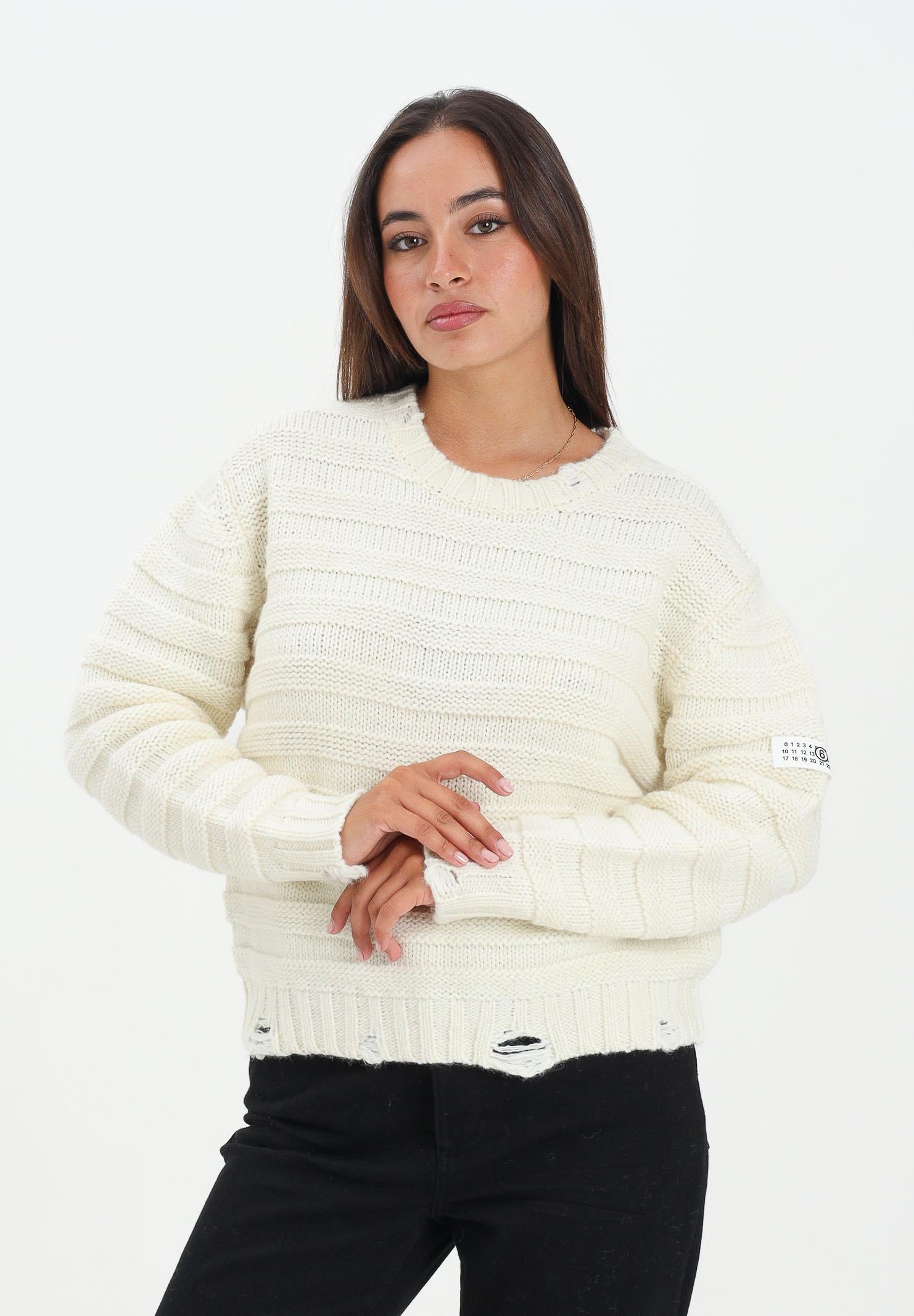 MAISON MARGIELA Maglioncino girocollo panna per donna, ragazzi e bambini in misto lana a coste con rotture<BR/> M60880MM06P M6101 MAISON MARGIELA