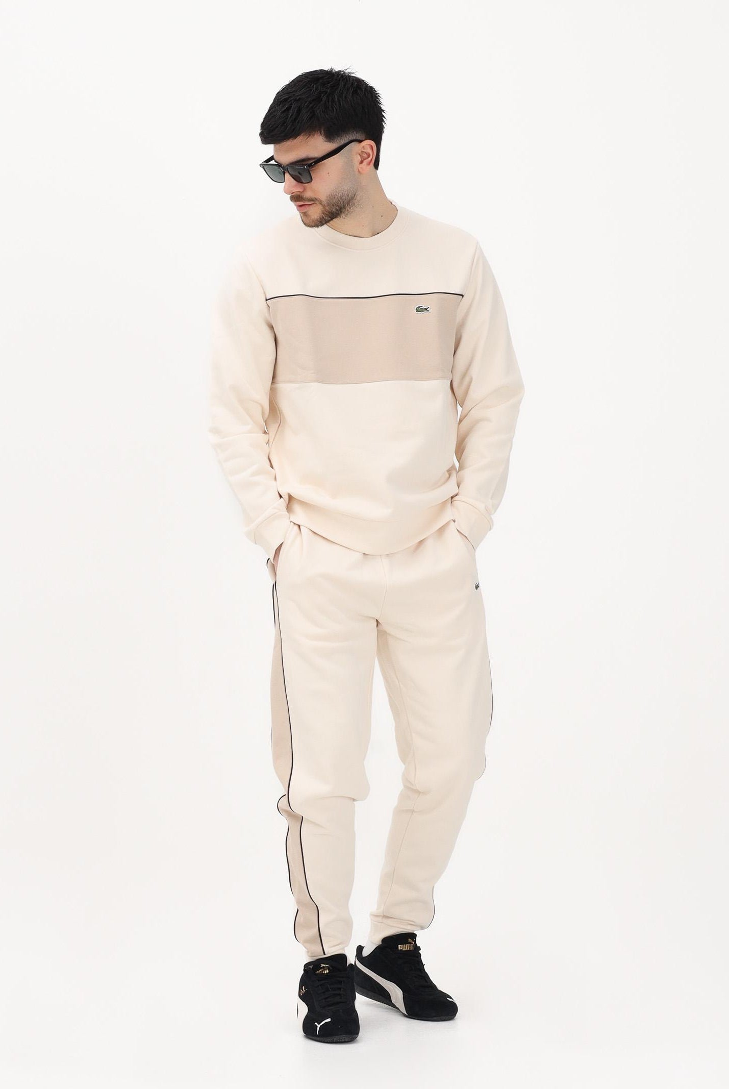 LACOSTE Felpa girocollo beige da uomo con motivo color block SH0887 3RR LACOSTE
