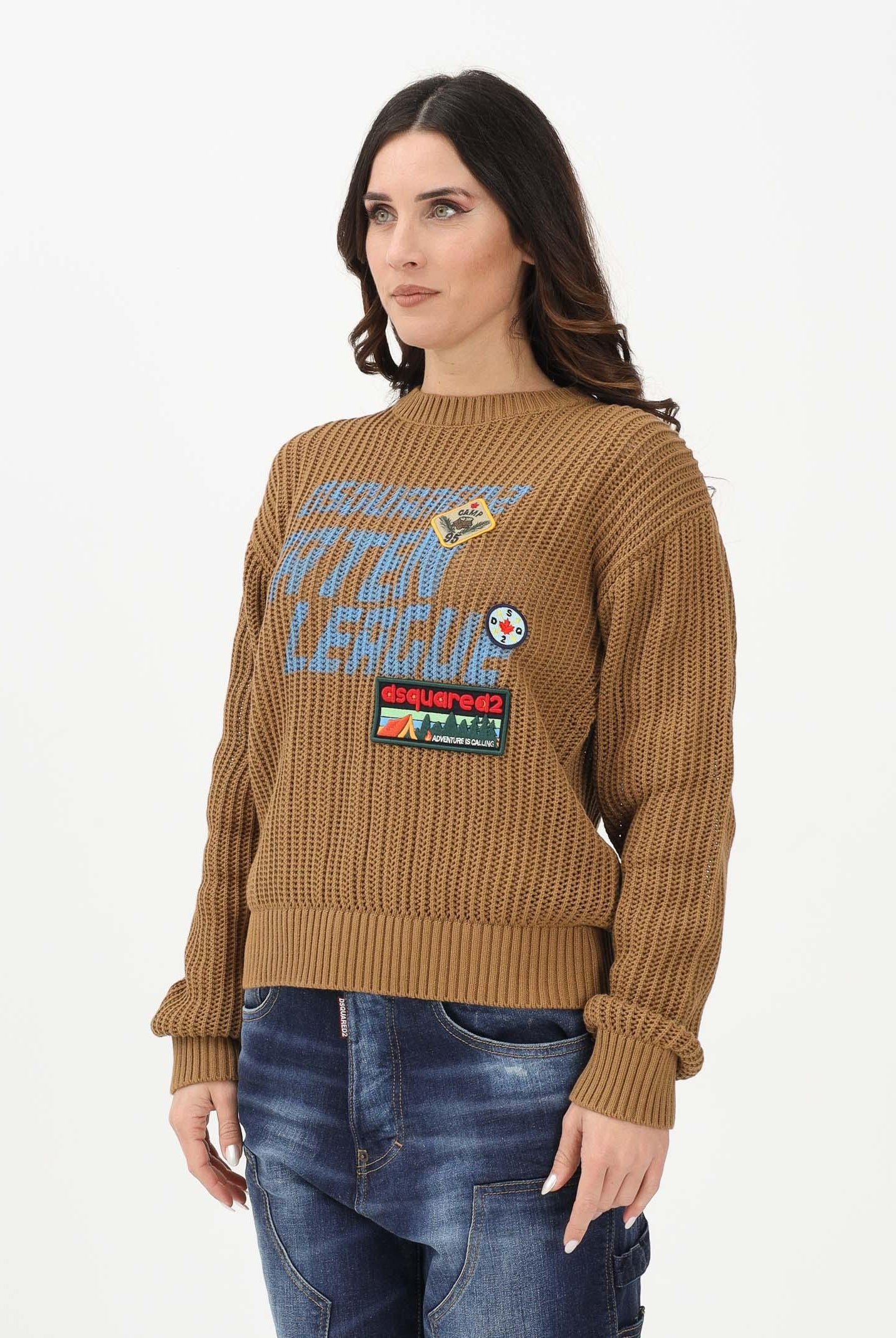 DSQUARED2 Maglioncino girocollo marrone per donna, bambino e bambina con maxi logo e patch DQ3243D0AGR DQ730 DSQUARED2