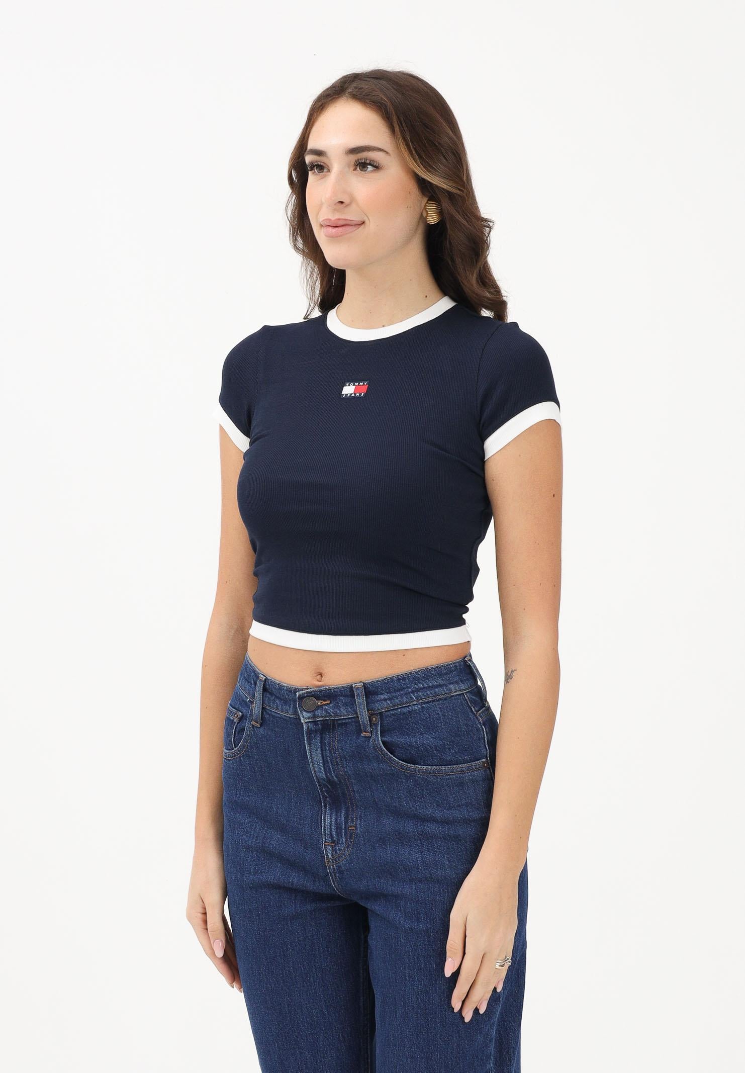 TOMMY JEANS T-shirt a manica corta blu da donna con logo e finiture a contrasto DW0DW22575 C1G TOMMY JEANS