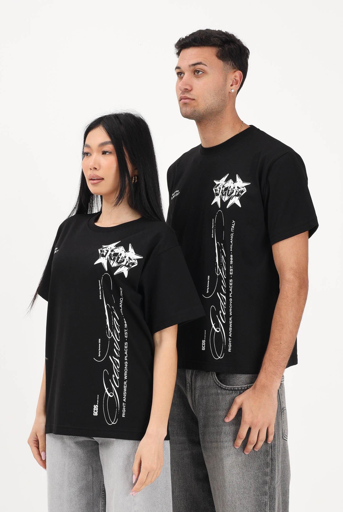 GCDS T-shirt a manica corta nera per uomo e donna con stampa C1MWQC070J079 999A GCDS