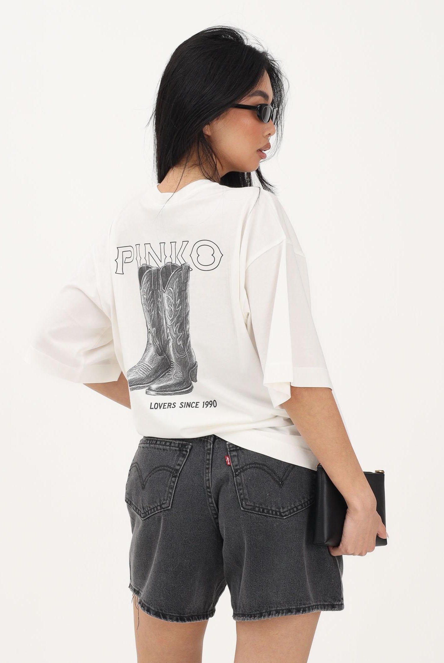 PINKO T-shirt a manica corta bianca da donna con maxi stampa sul retro 106872A3B3 Z05 PINKO