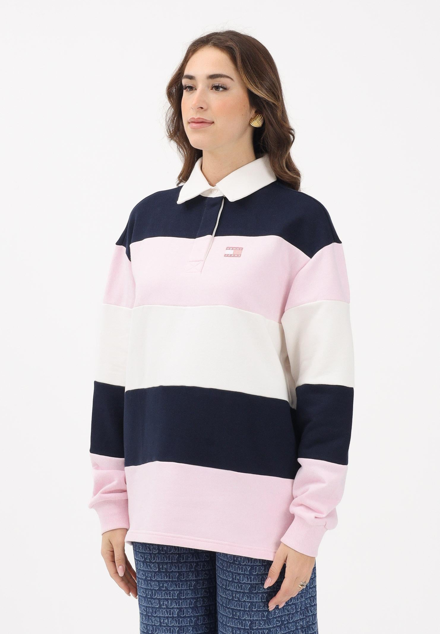 TOMMY JEANS Felpa stile polo da donna con motivo a righe blu, rosa e panna DW0DW21927 TOG TOMMY JEANS