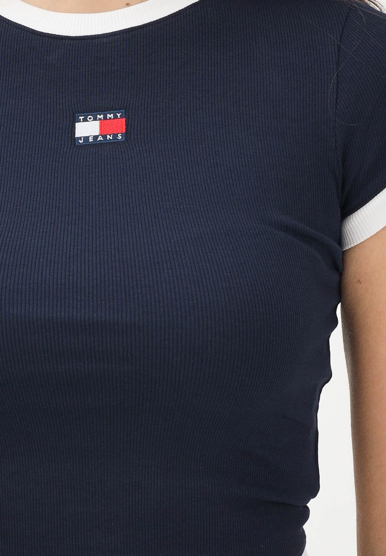 TOMMY JEANS T-shirt a manica corta blu da donna con logo e finiture a contrasto DW0DW22575 C1G TOMMY JEANS