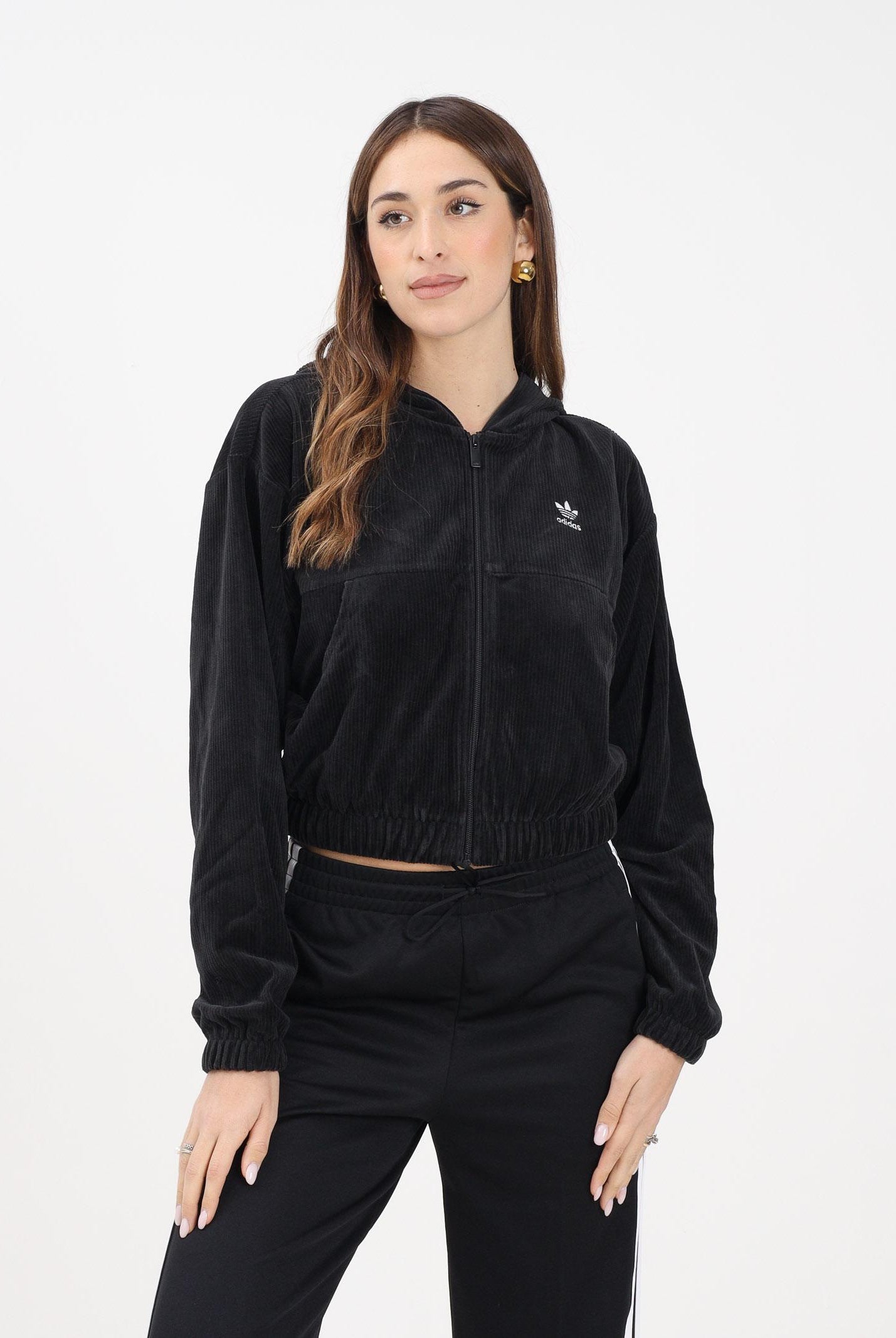 ADIDAS ORIGINALS Felpa con zip Essentials Chenile nera da donna KE1117 . ADIDAS ORIGINALS
